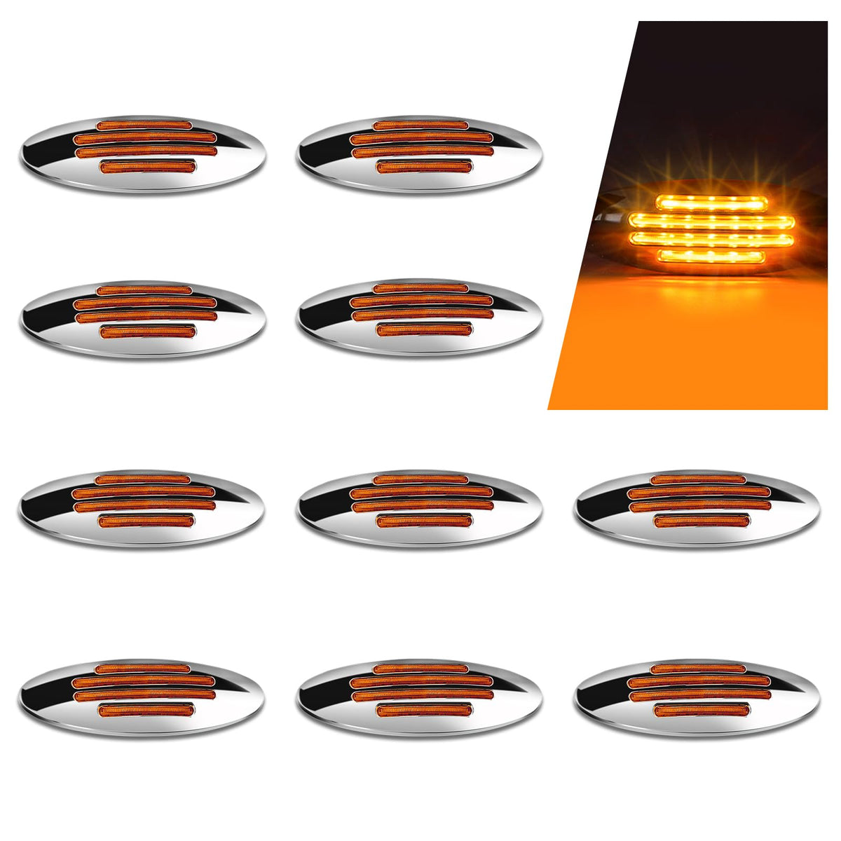 10Pcs 6-3/5 Inch Flatline Oval Amber 24LED Side Marker Clearance - Product Imagery
