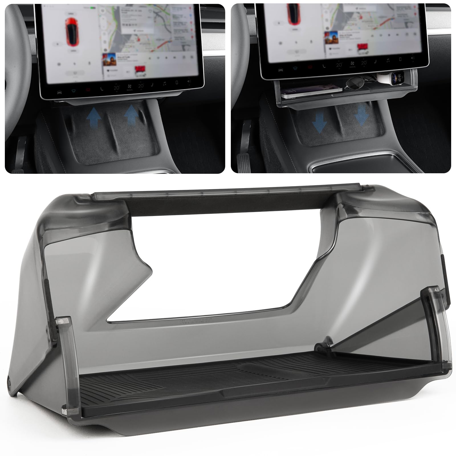 Hideable Under Screen Storage Organizer for Tesla Model Y & 3 - Product Imagery
