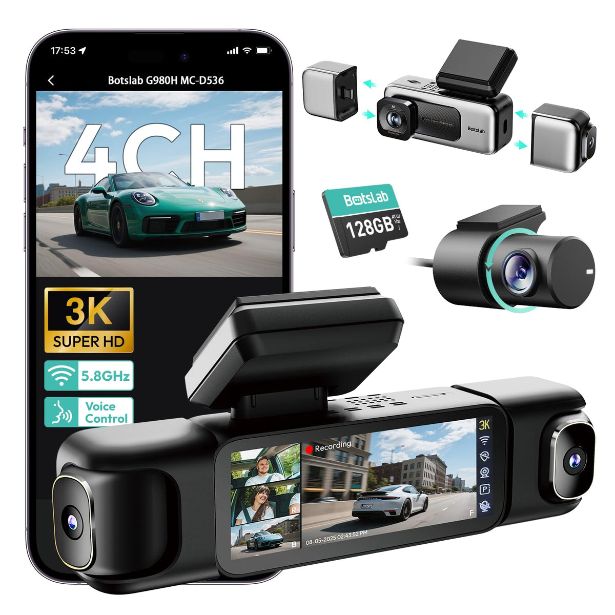 BOTSLAB 4 Channel 360° Dash Cam, 128GB Card, Voice Control, App - Product Imagery