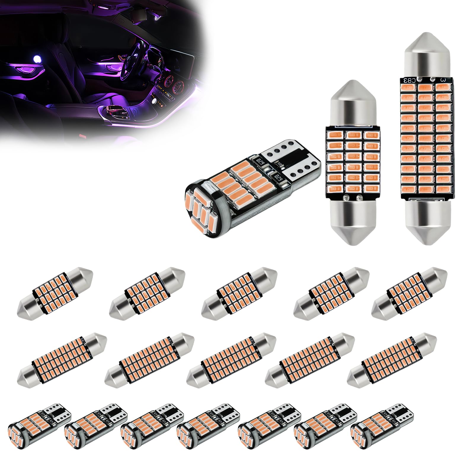 20 PCS Car LED Lights Interior Bulb Kit, T10 31mm 41mm LED Dome - Product Imagery