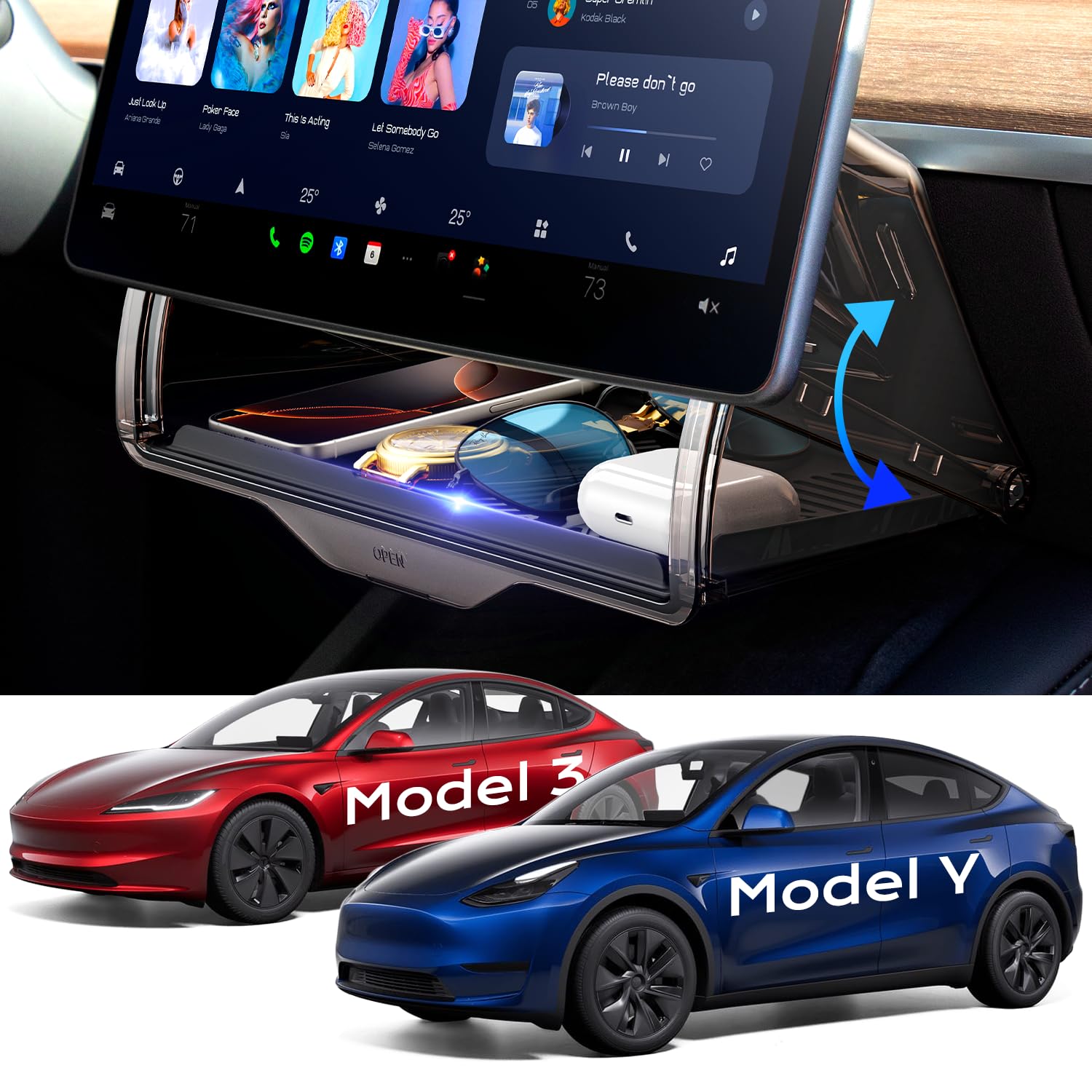 TAZENI for Tesla Model Y & 3 Under Screen Storage, fit Juniper, - Product Imagery