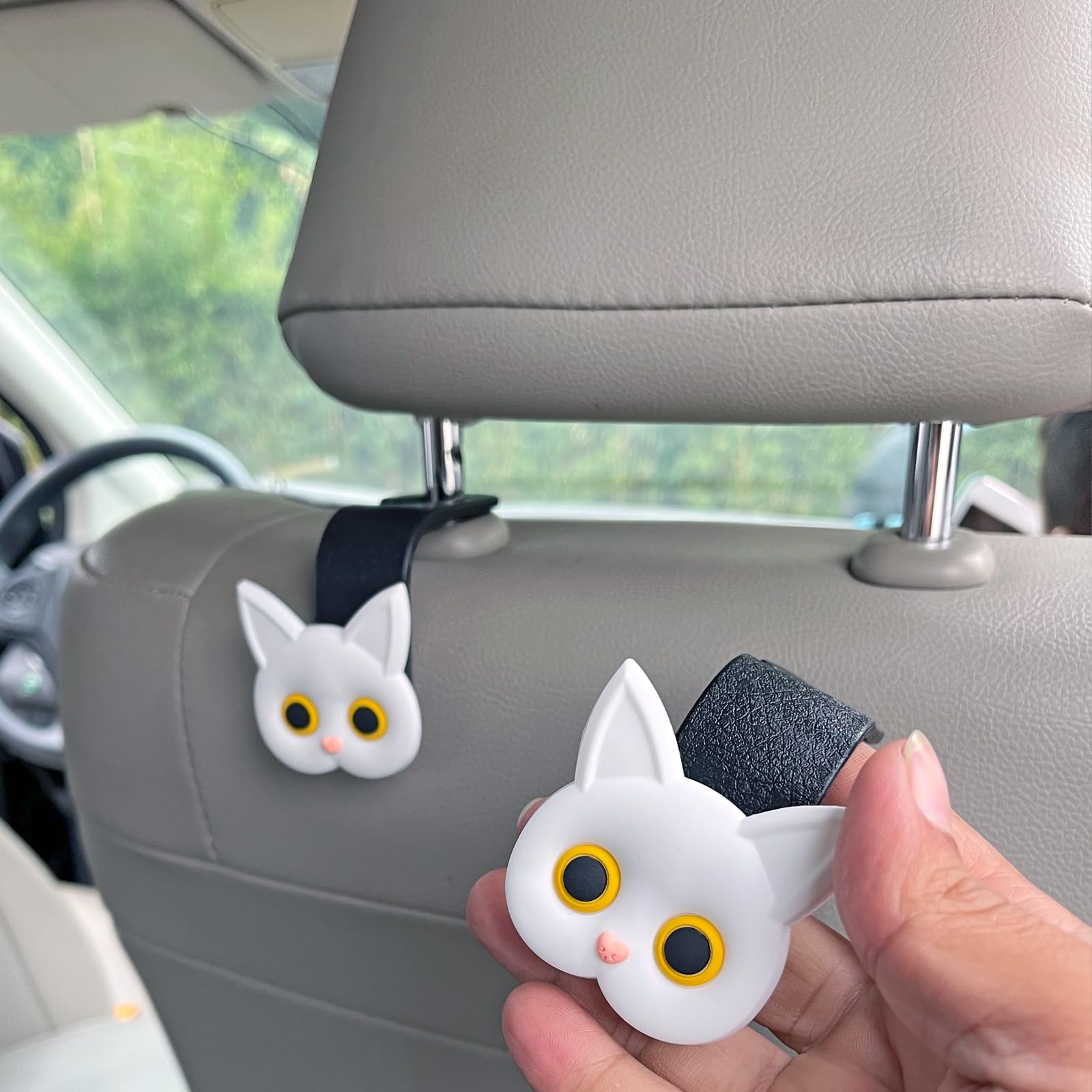 White Cat Car Seat Headrest Hooks 2 Pack Cute Cartoon Hook - Product Imagery