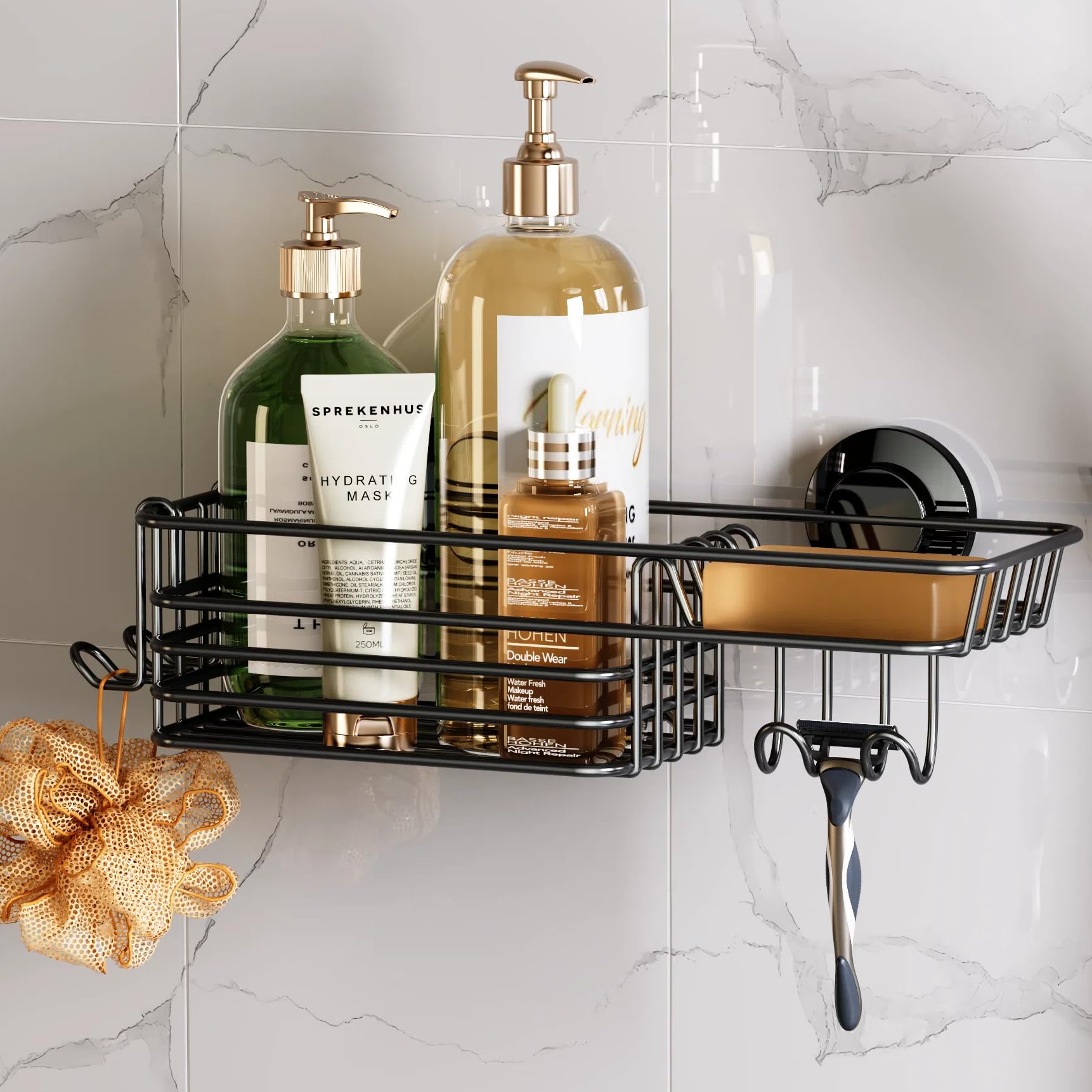 TAILI Shower Caddy Suction Cup with Hooks and Soap holder, Black - Product Imagery