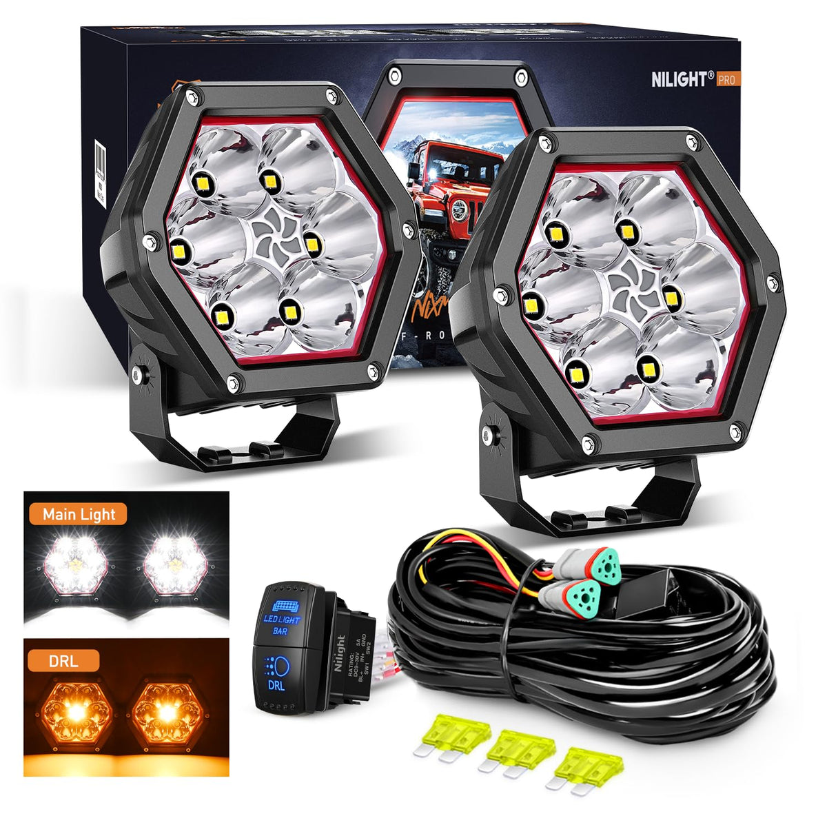 Nilight 4" Hexagon LED Pod Light with Amber DRL 30W 2600LM - Product Imagery