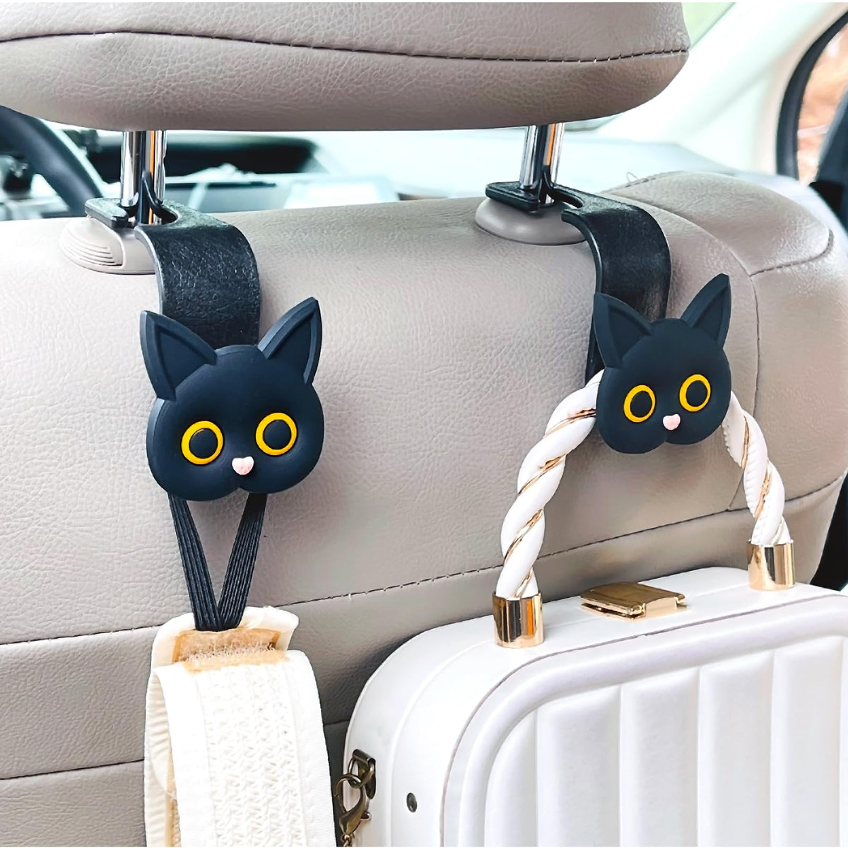 Car Seat Headrest Hooks, 2 Pack Black Cute Cartoon Cat Hook - Product Imagery