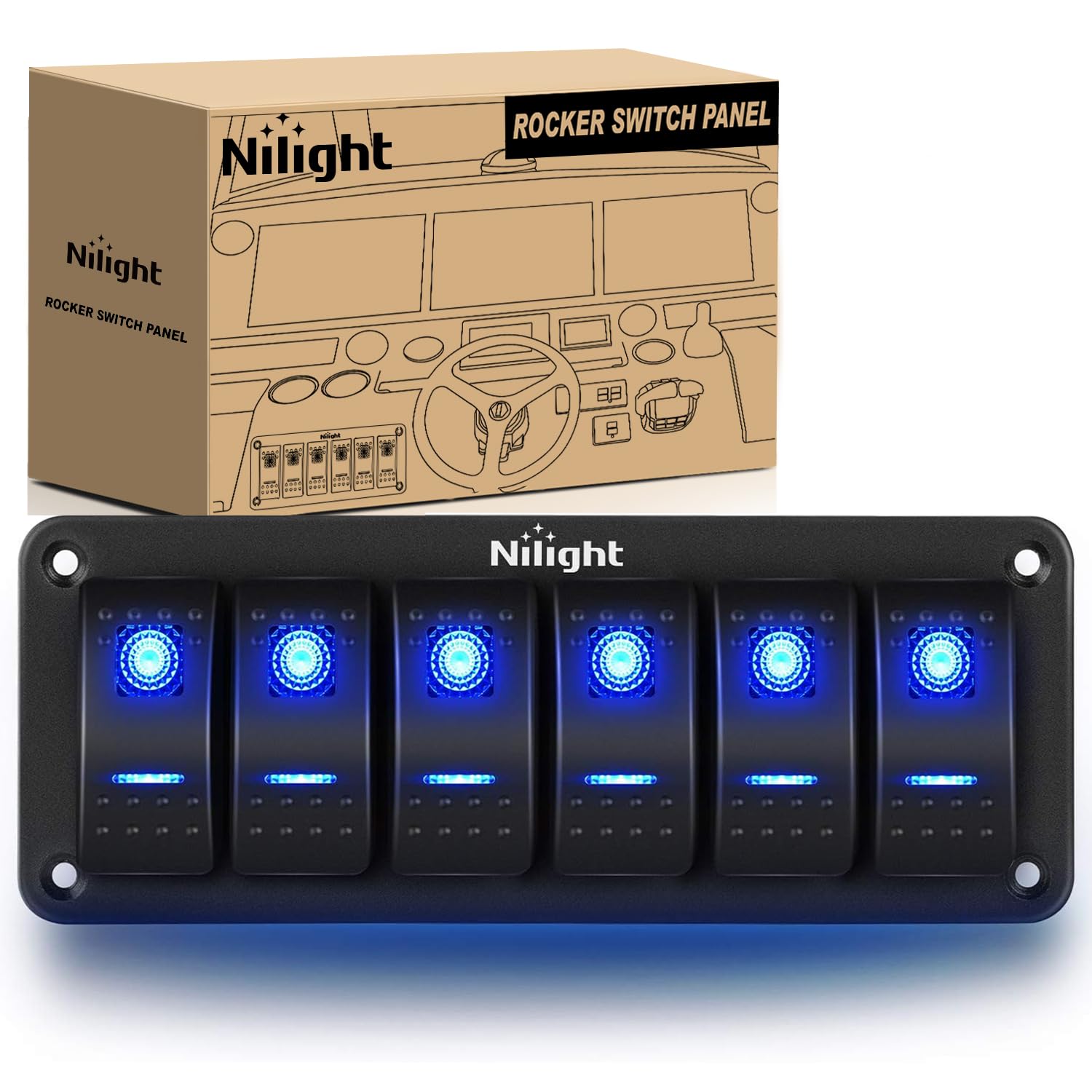 Nilight-90111F 6 Gang Aluminum Rocker Switch Panel Toggle Dash 5 - Product Imagery