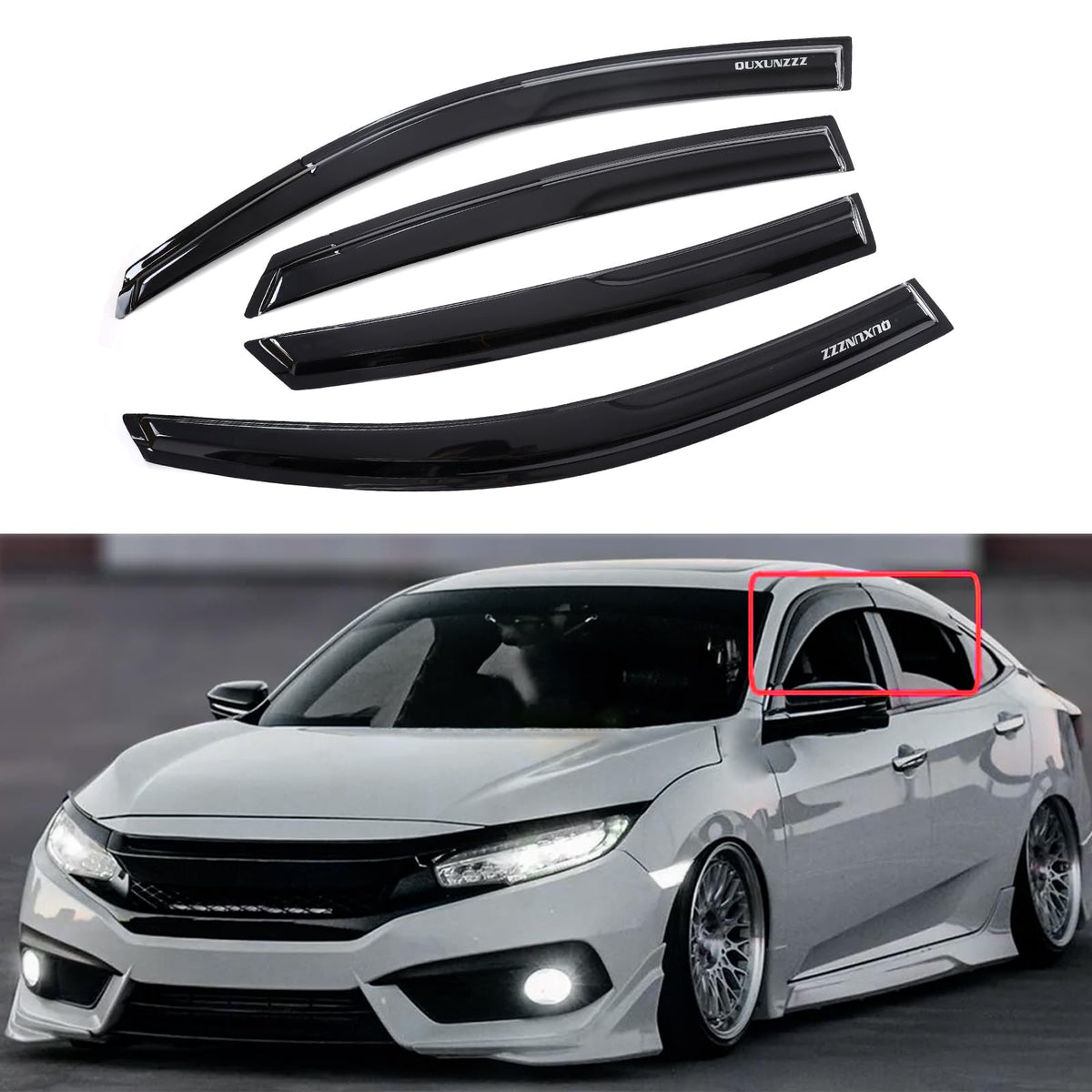Outside Mount Window Visors Rain Guards for Honda Civic 4Dr - Product Imagery
