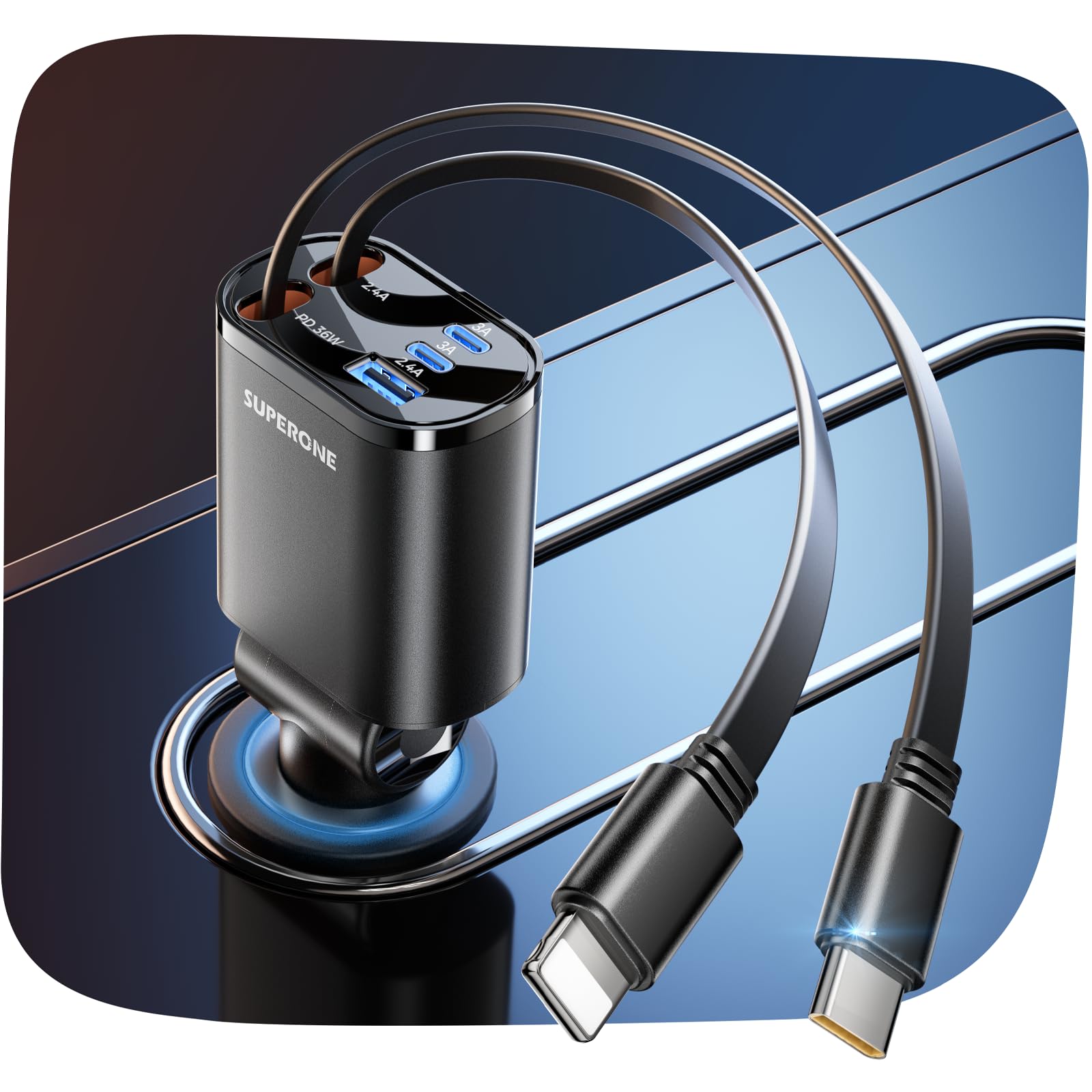 SUPERONE 90W Retractable Car Charger with Dual Cables Car Phone - Product Imagery