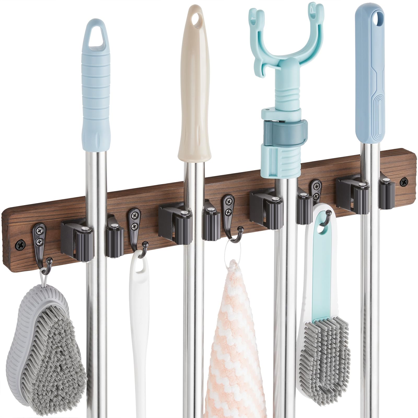 OUTNILI Mop and Broom Holder Wall Mount - Wood Broom Mop Hanger - Product Imagery