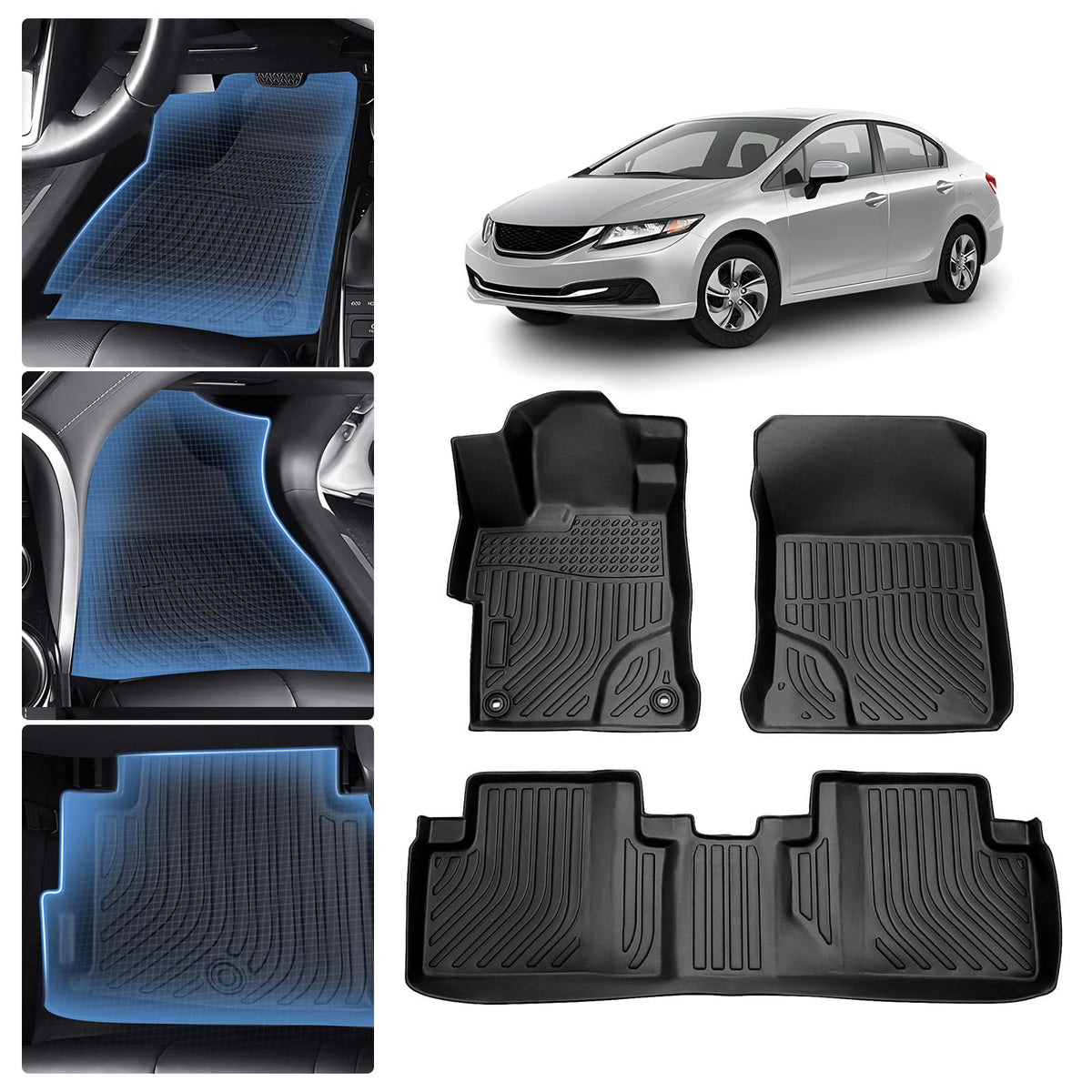 Sunsdrew Floor Mats for 2012-2015 Honda Civic Sedan, All Weather - Product Imagery