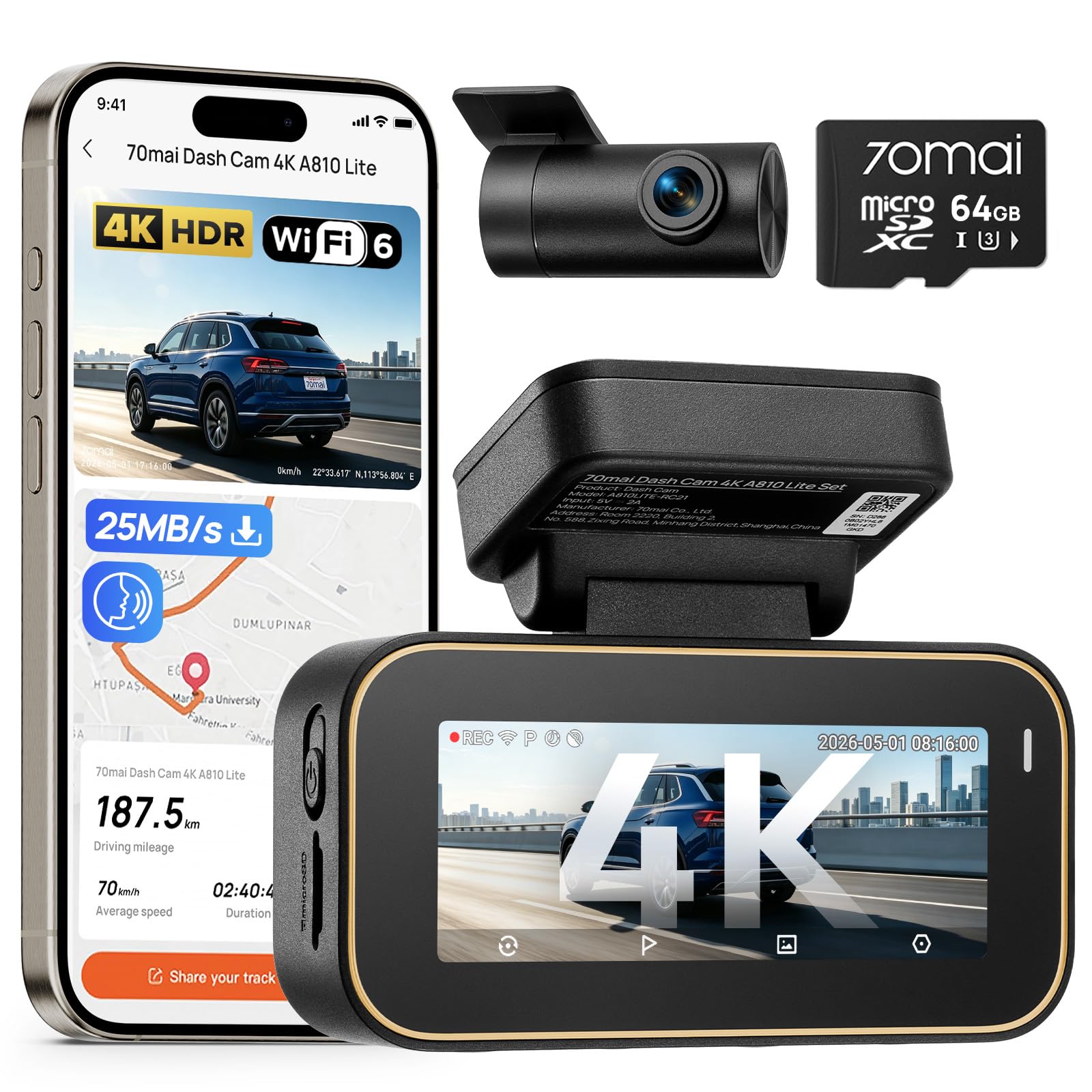 70mai A810 Lite 4K Dash Cam Front and Rear, 5GHz Wi-Fi 6 - Product Imagery