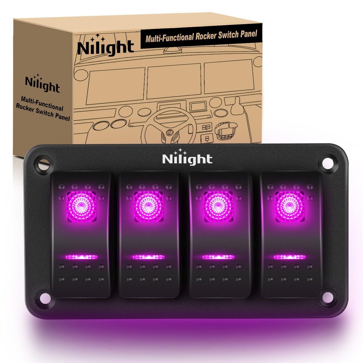 Nilight 4 Gang Rocker Switch Panel w/Purple LED Light 5Pin On - Product Imagery