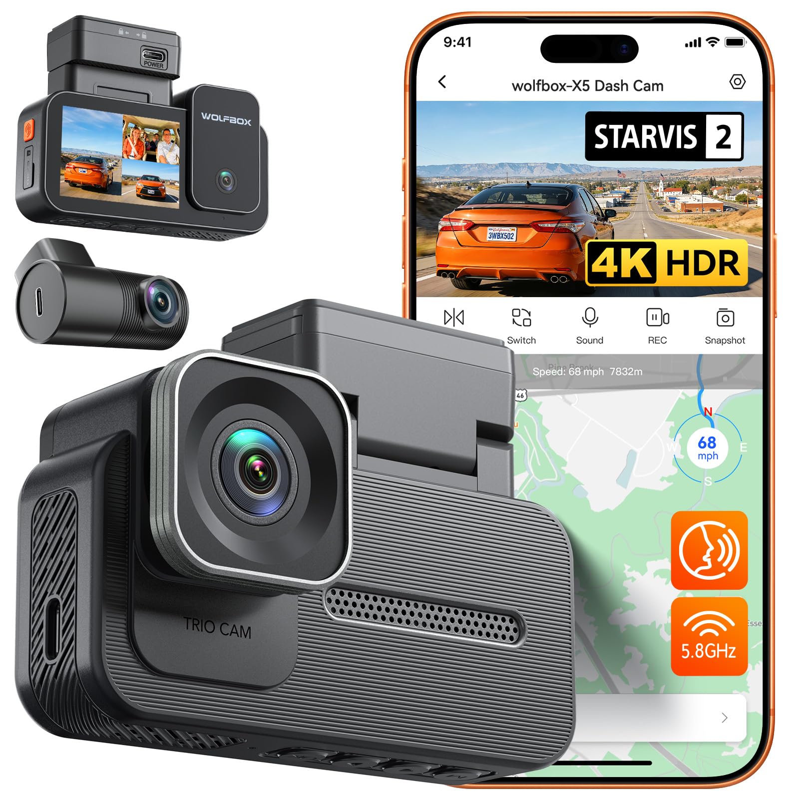WOLFBOX X5 3 Channel 4K HDR Dash Cam, STARVIS 2 IMX678 8MP Night - Product Imagery