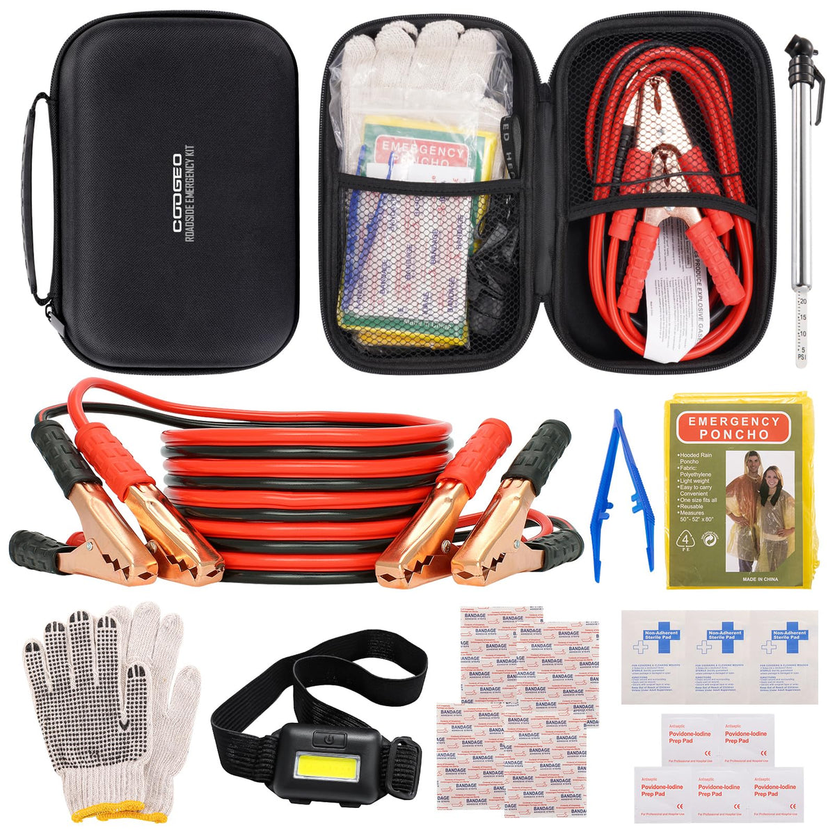 Car Emergency Kit with Battery Jumper Cables, Black - Product Imagery