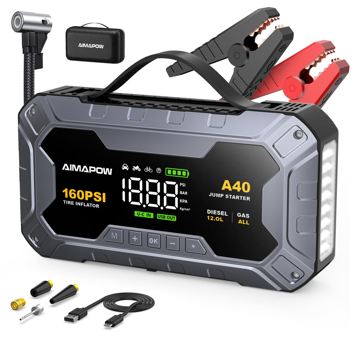 8000A 160PSI Jump Starter with Air Compressor, 12V Car Battery - Product Imagery