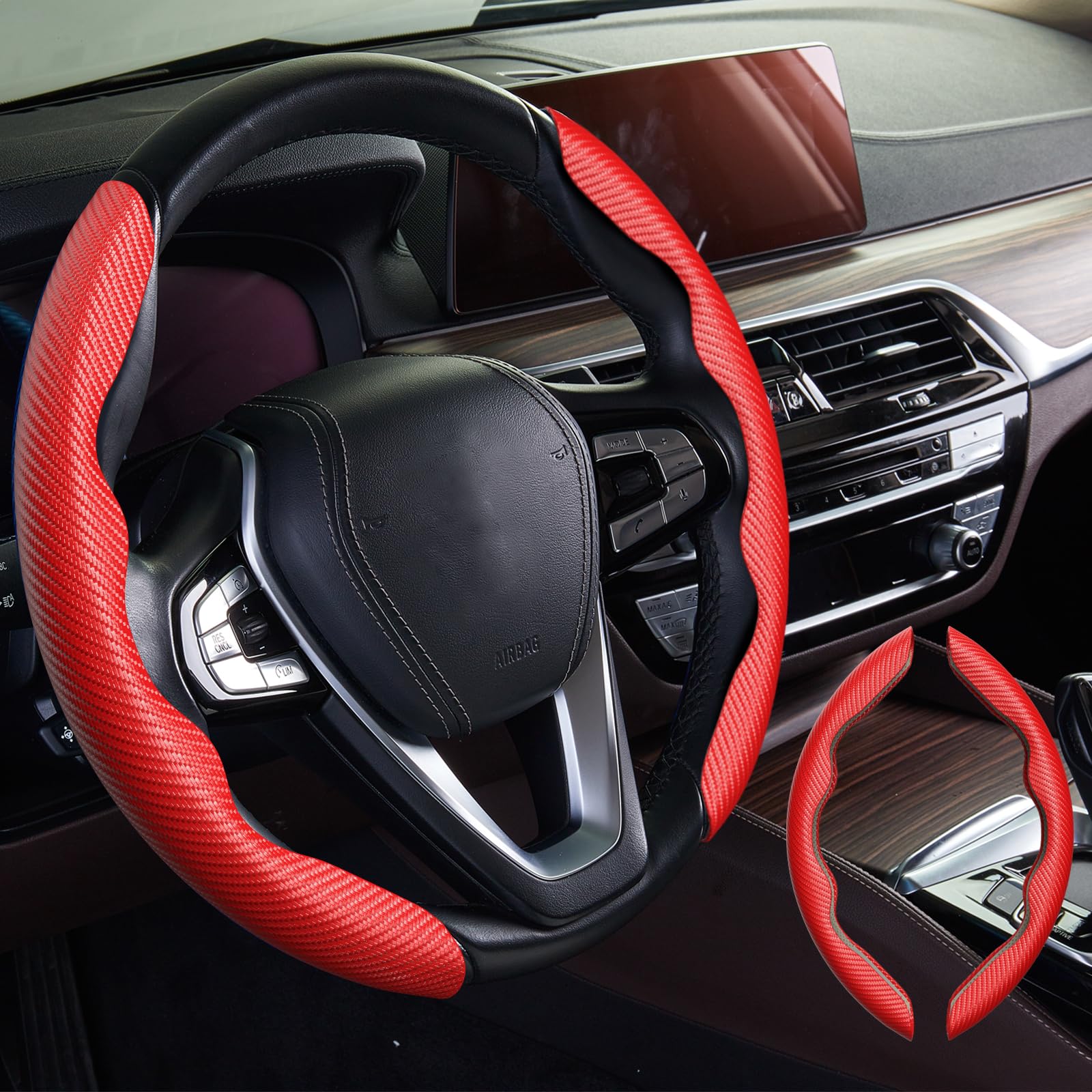 WOCOCN 2pcs Car Steering Wheel Cover,Anti-Skid Carbon Fiber, Red - Product Imagery