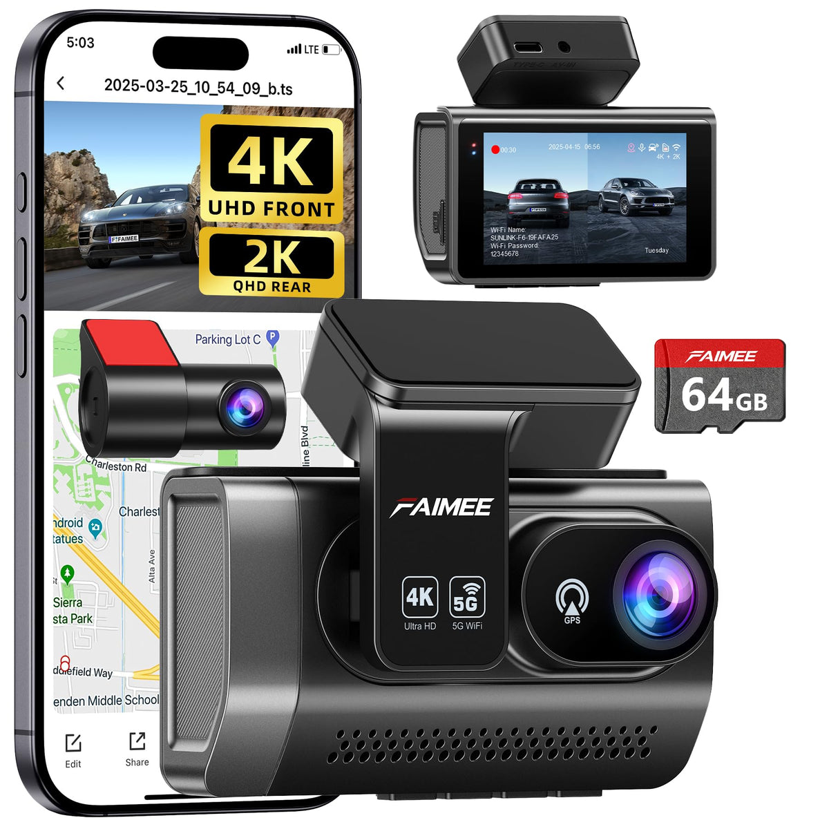 FAIMEE 4K Dash Cam Front and Rear, Night Vision, WDR, Free Card - Product Imagery