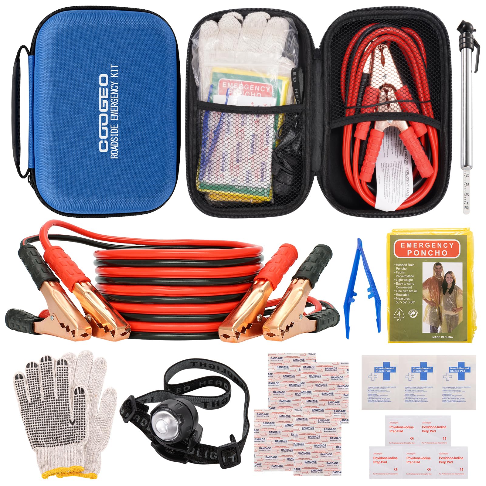 Car Roadside Emergency Kit with Battery Jumper Cables, Blue - Product Imagery