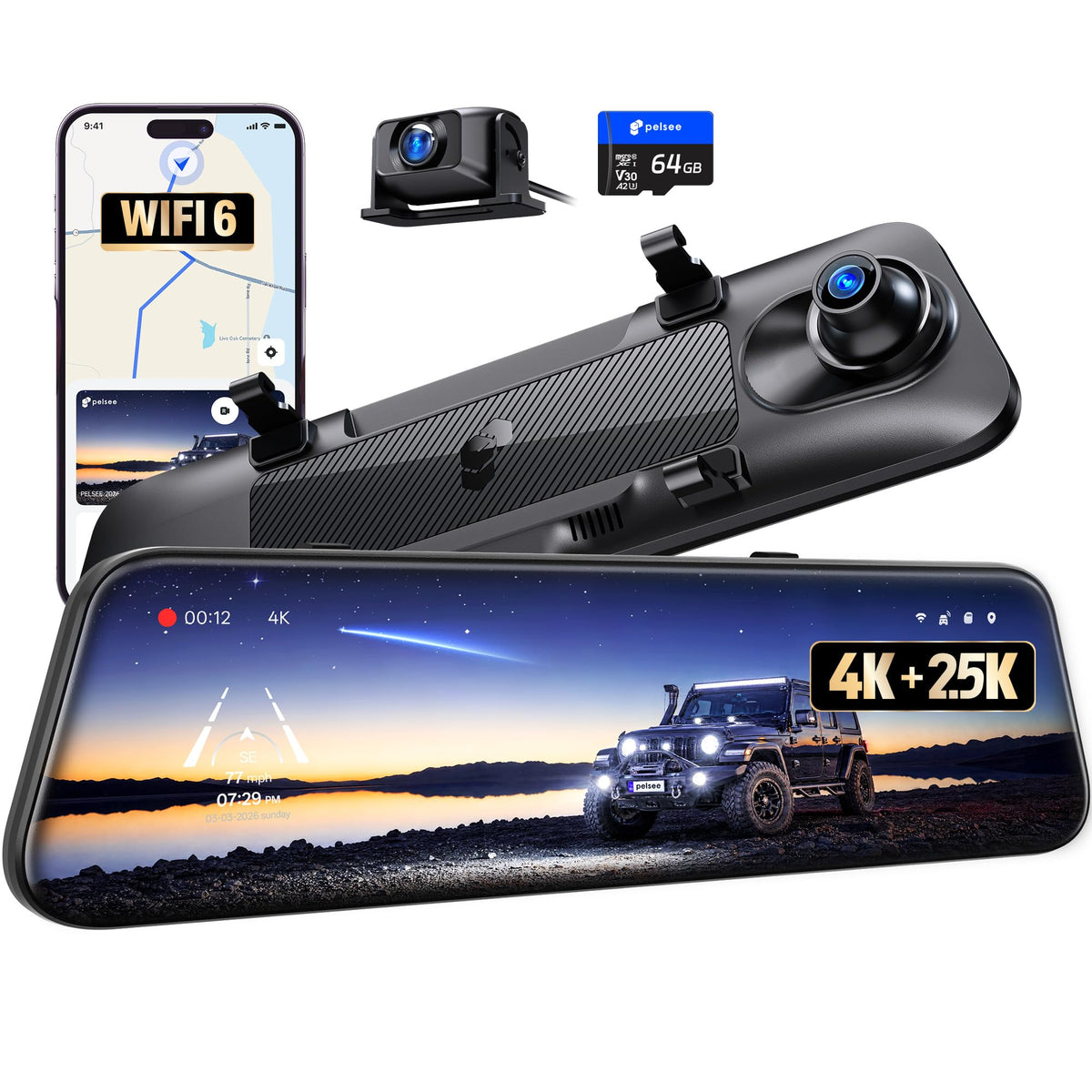Pelsee S12 Native 4K + 2.5K Mirror Dash Cam, 64GB Card Included, - Product Imagery