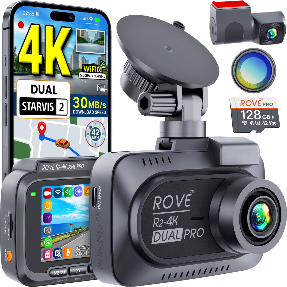 ROVE R2-4K Dual PRO Dash Cam Front and Rear, 4K+2K Dash Camera - Product Imagery
