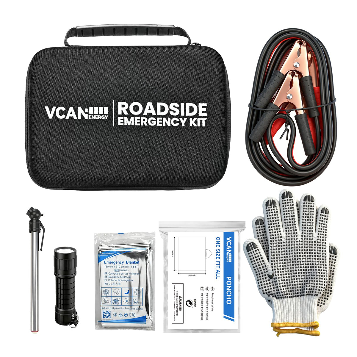 Car Emergency Safety Kit Bag with Jumper Cables, Tire Pressure - Product Imagery