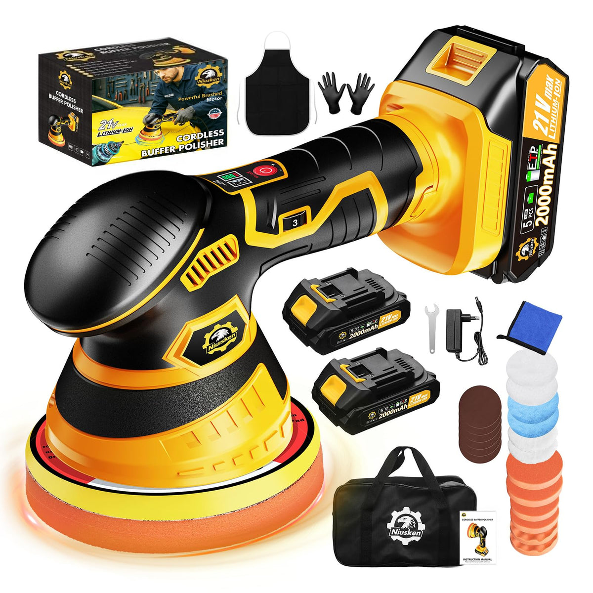 Cordless Car Buffer Polisher kit, DA Polisher with 2*21V - Product Imagery