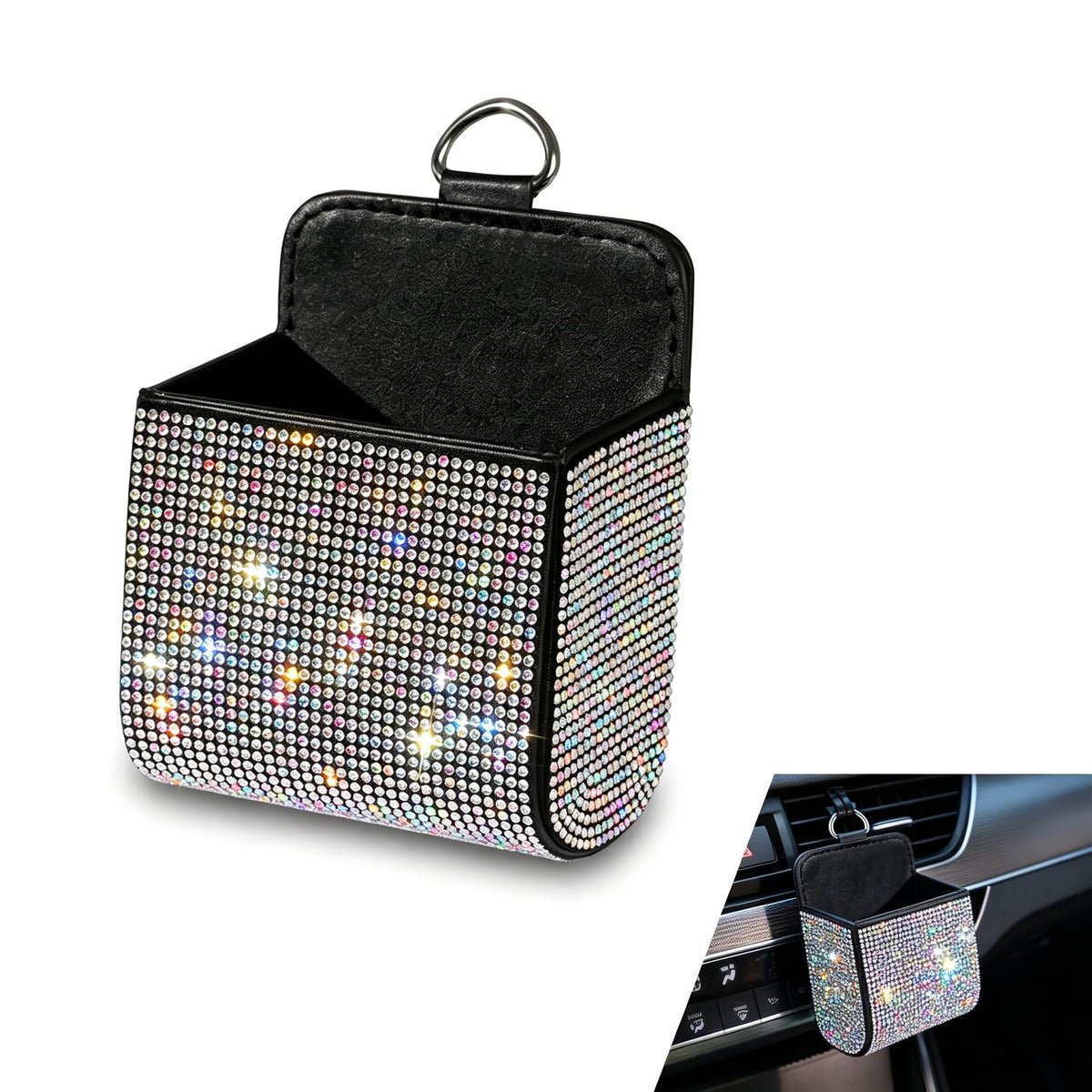 Car Air Vent Storage Organizer, Bling Rhinestone Leather Pouch - Product Imagery