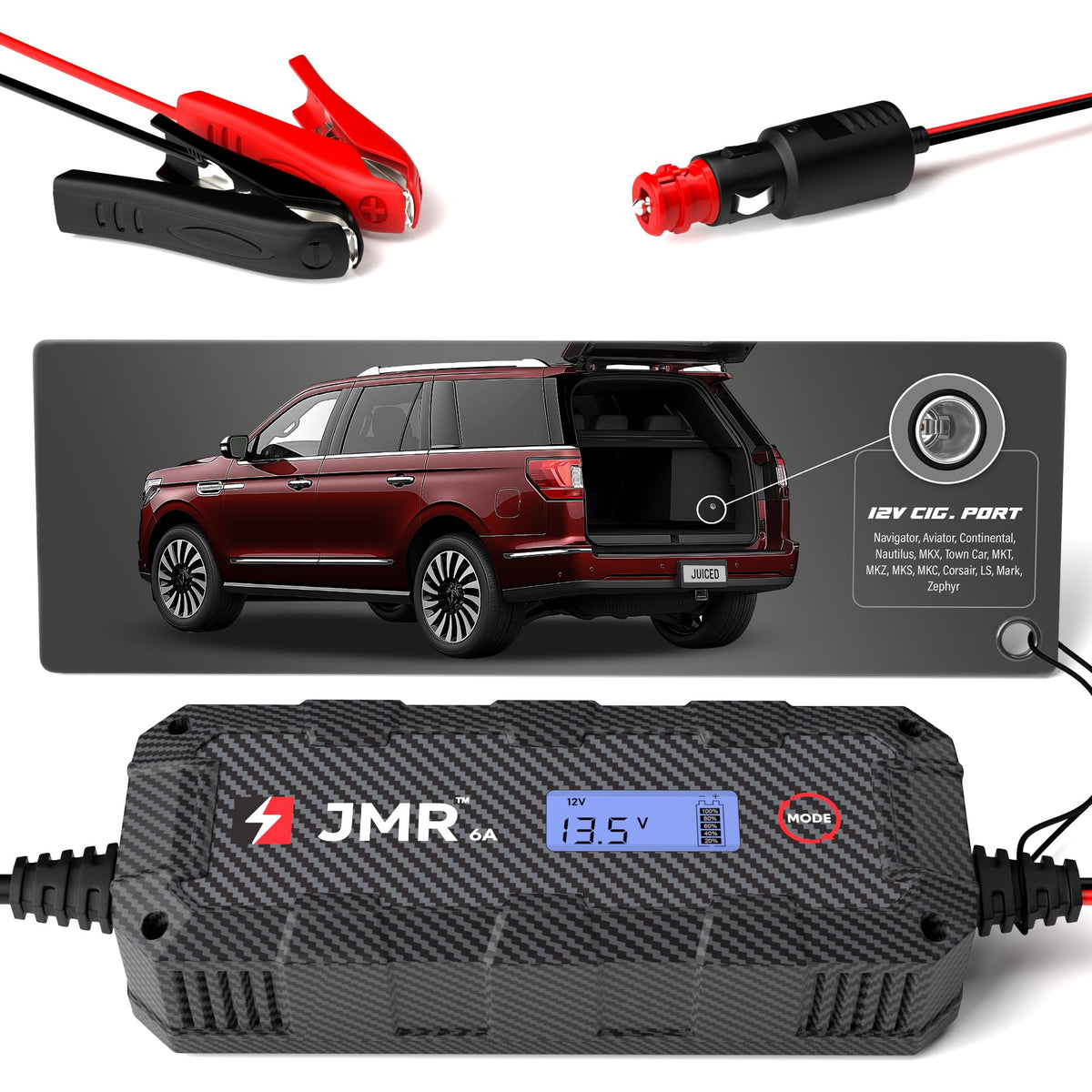 JMR 12V Battery Charger for Lincoln, 12V Cig. Port, No Lithium - Product Imagery