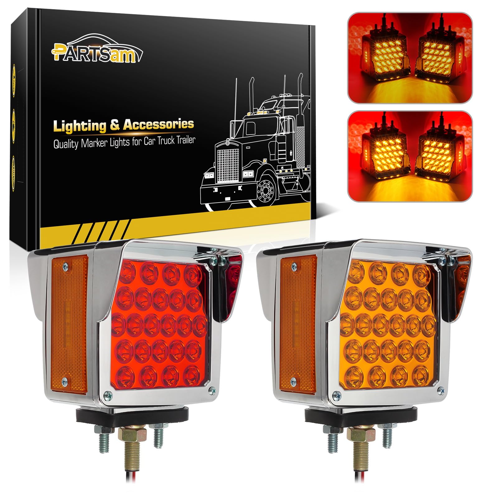 Partsam Pair Truck Trailer 52 LED Red/Amber Square Double Face - Product Imagery