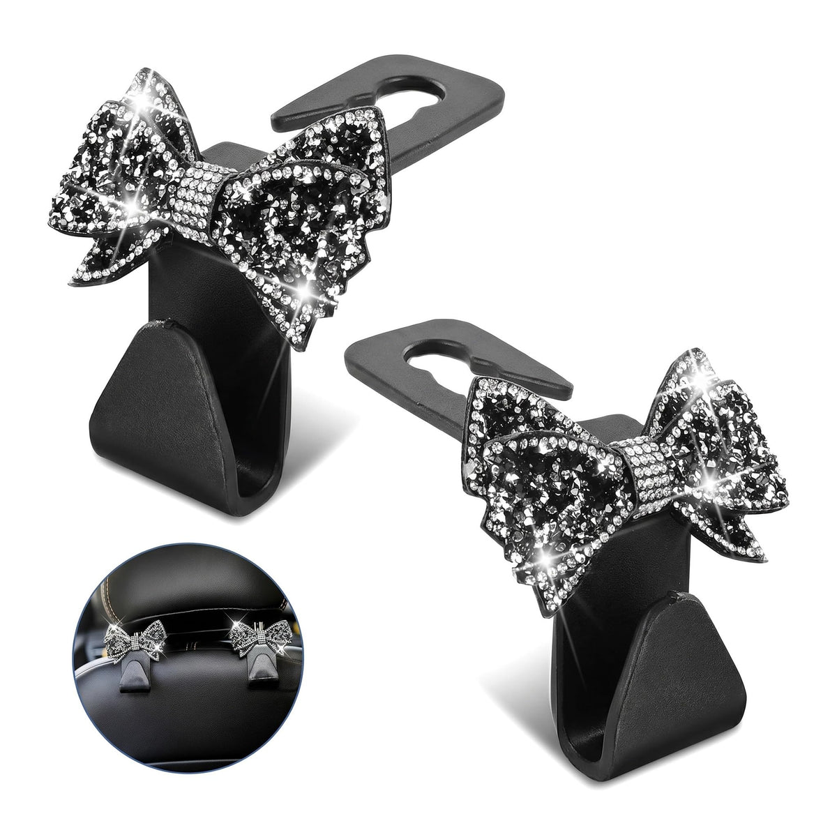 2PCS Bling Bow Car Seat Headrest Hooks, S Type Crystal - Product Imagery