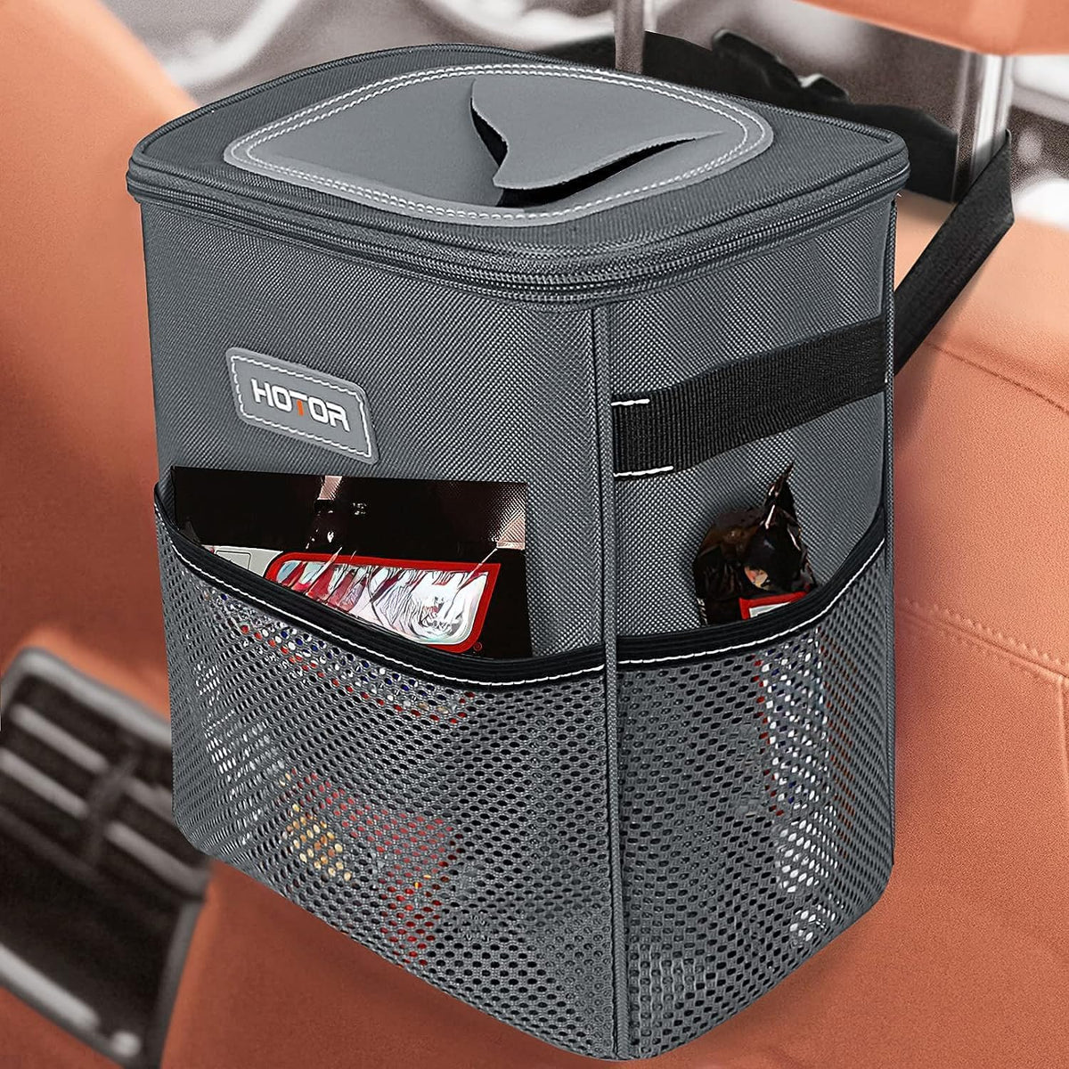 HOTOR Car Trash Can, Leakproof Car Organizer, 2-Gallon, Gray - Product Imagery