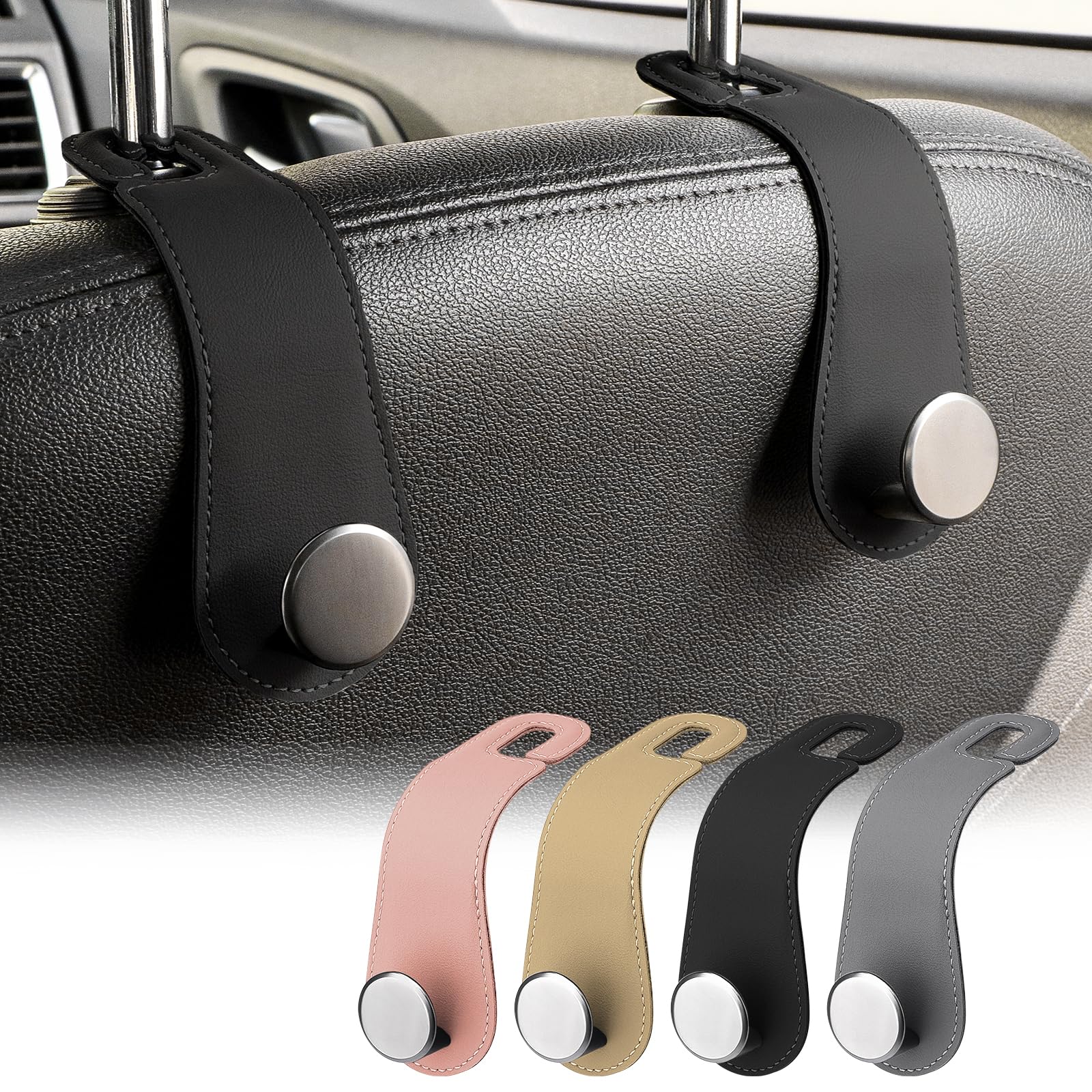 2 Pack Car Headrest Hooks Leather & Alloy Car Seat Storage - Product Imagery