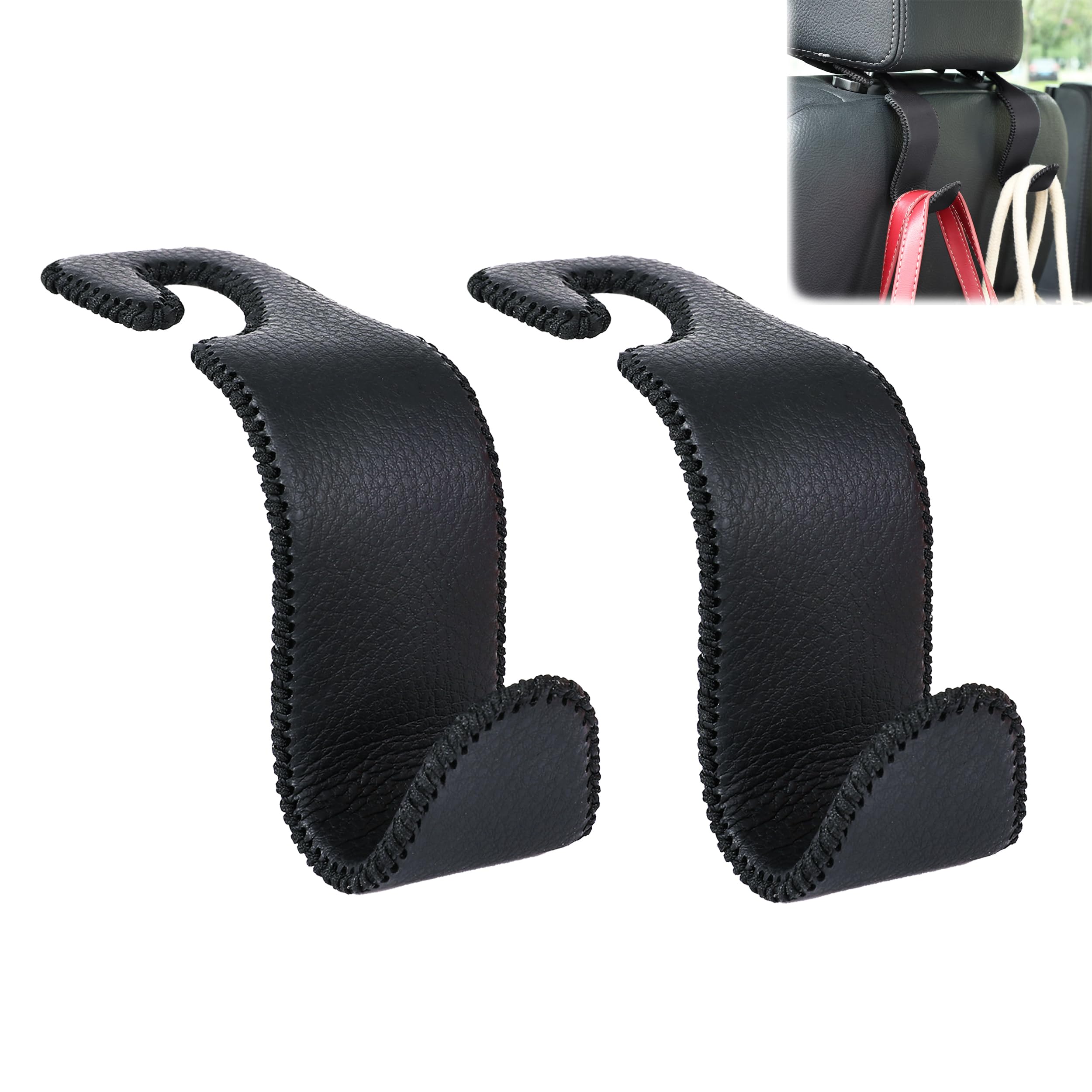 Car Seat Headrest Hook 55lb Heavy Duty Metal Hanger with Leather - Product Imagery