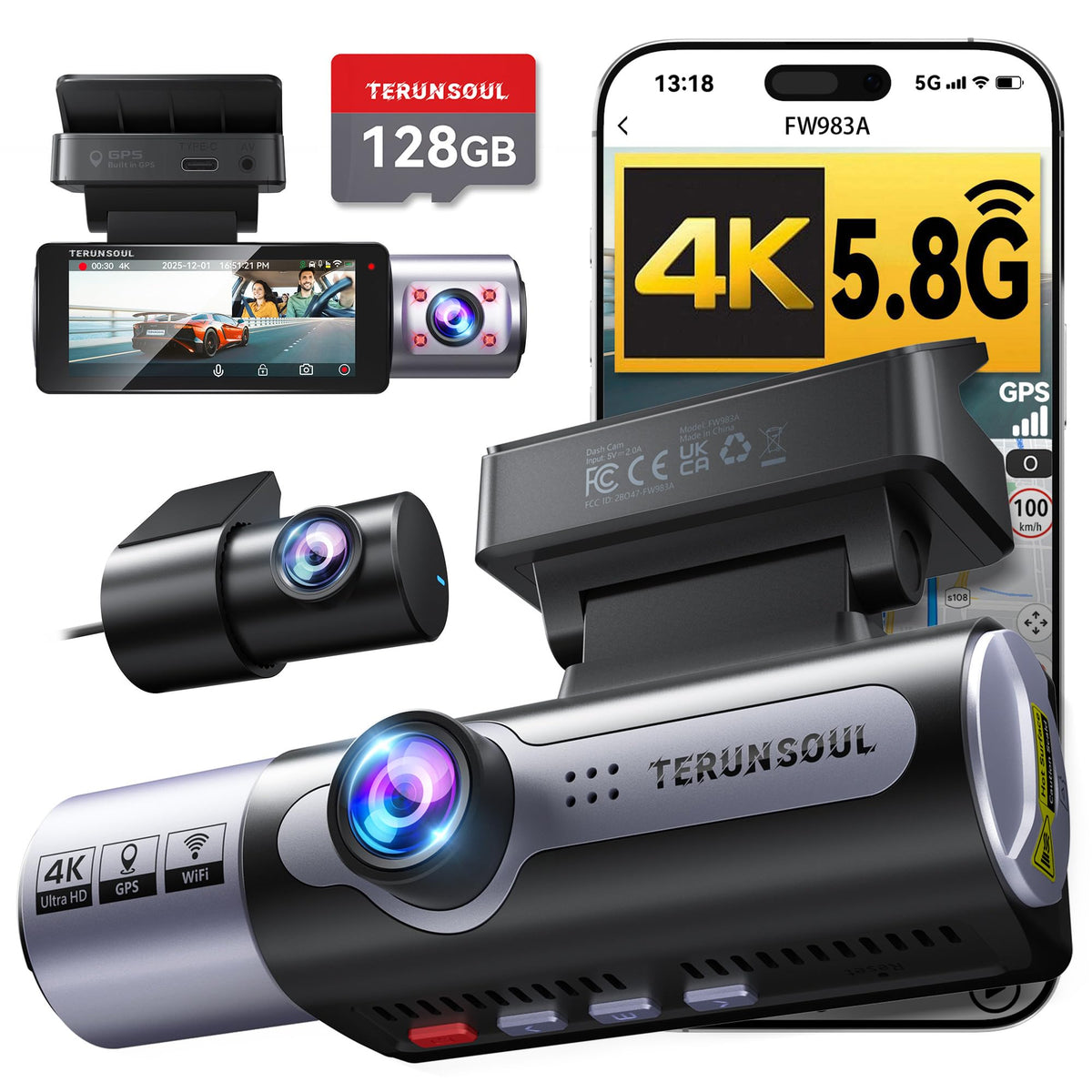 4K Dash Cam Front and Rear, Full HD 3 Channel Dashcam, Free - Product Imagery