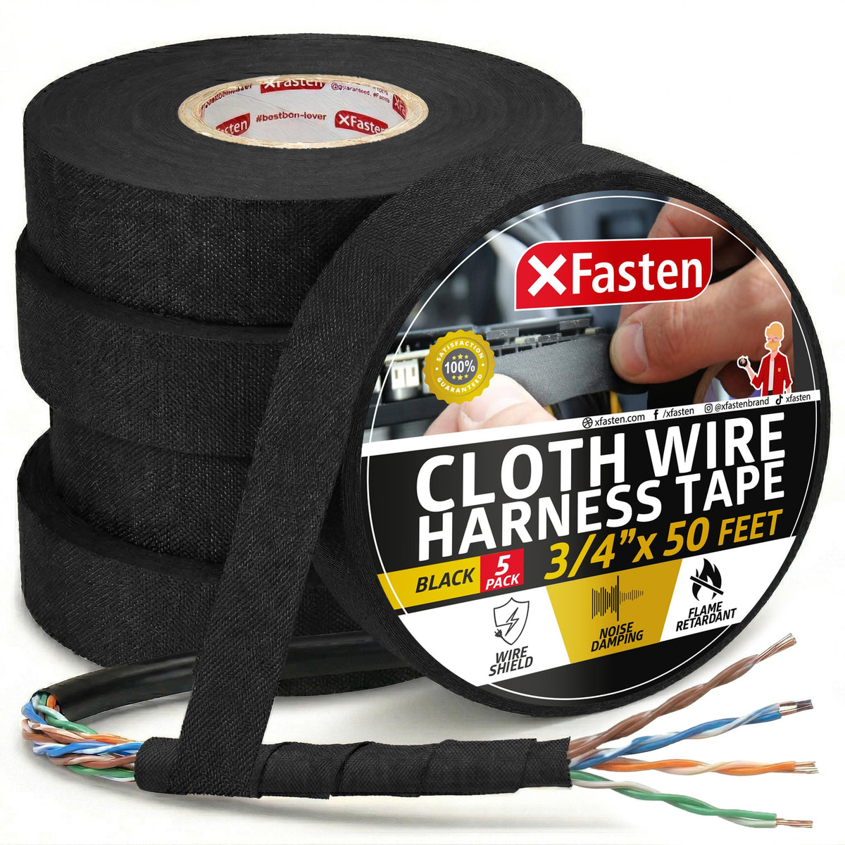 XFasten Wire Harness Tape, 3/4-Inch x 50-Foot (5-Pack), High - Product Imagery
