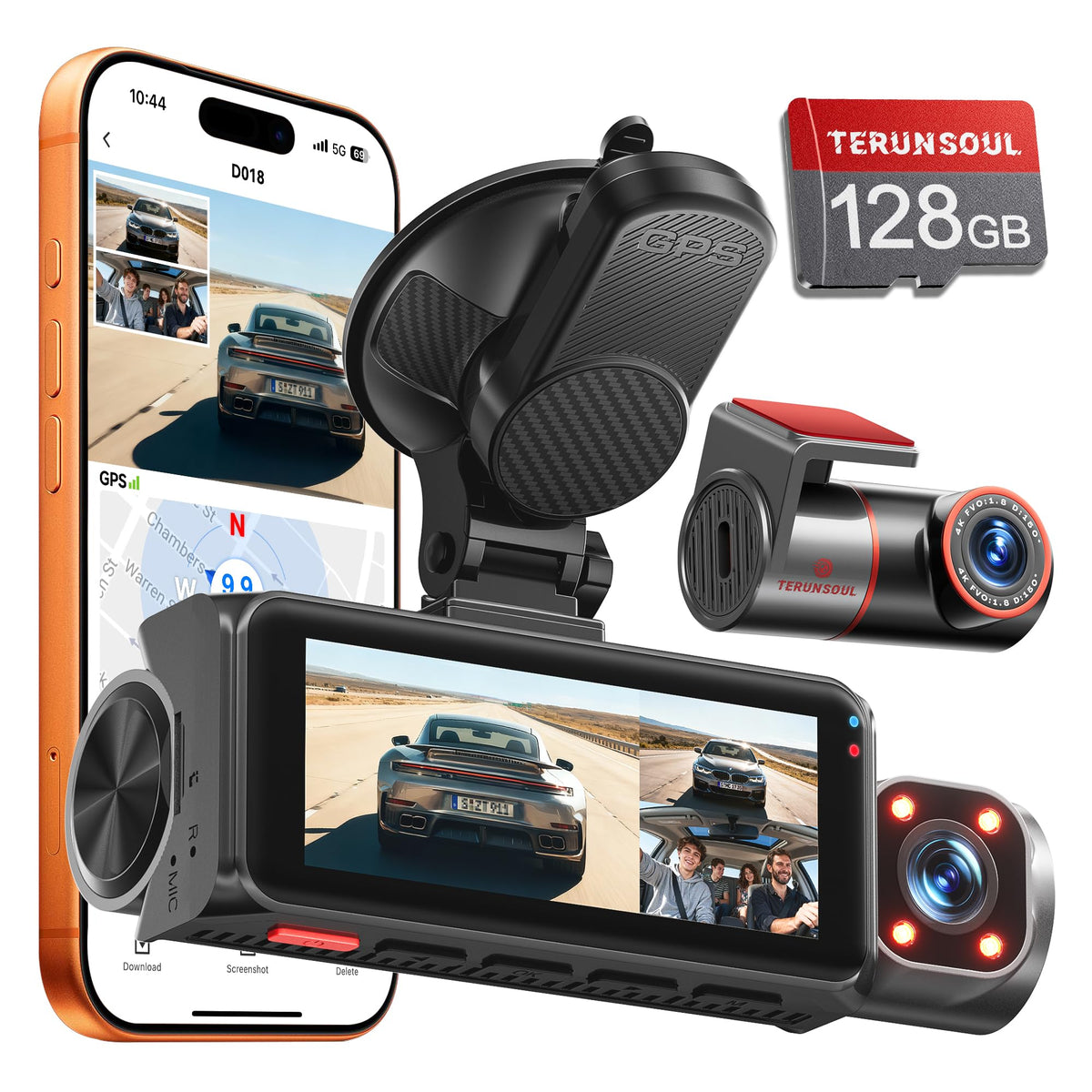 4K+4K+1080P 3 Channel Dash Cam, Free 128GB Card, AProX HD Night - Product Imagery