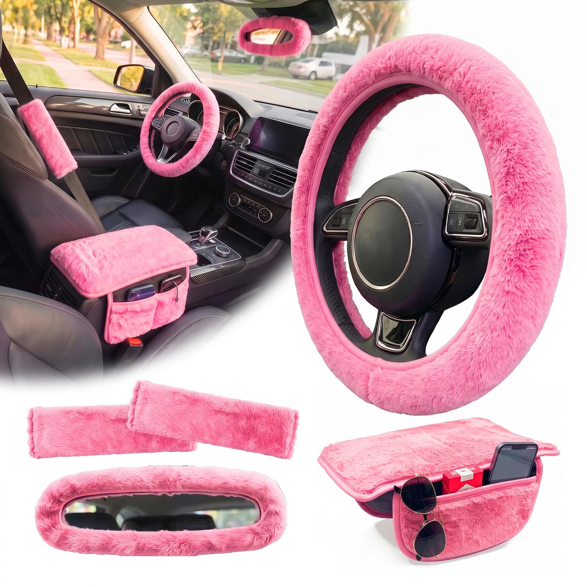 5 Pcs Fuzzy Pink Color Car Accessories Set, Soft Fluffy Plush - Product Imagery