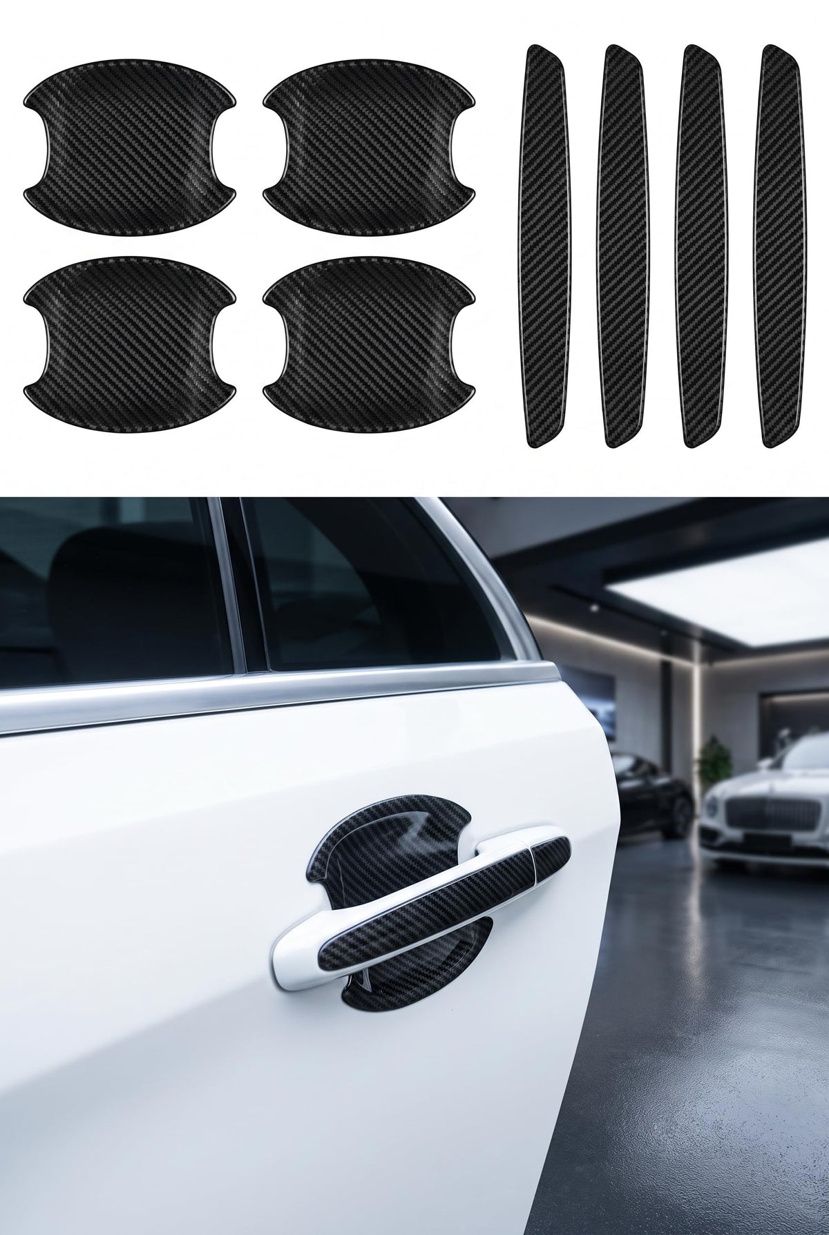 8 PCS Car Door Handle Protector, PU Leather Carbon Texture Car - Product Imagery