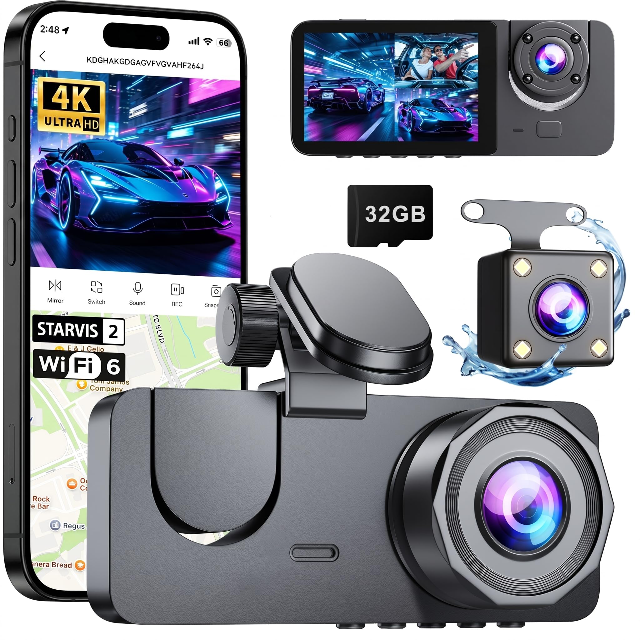 Dash Cam Front and Rear Inside, 4K Full HD 3 Channel Dash Camera - Product Imagery