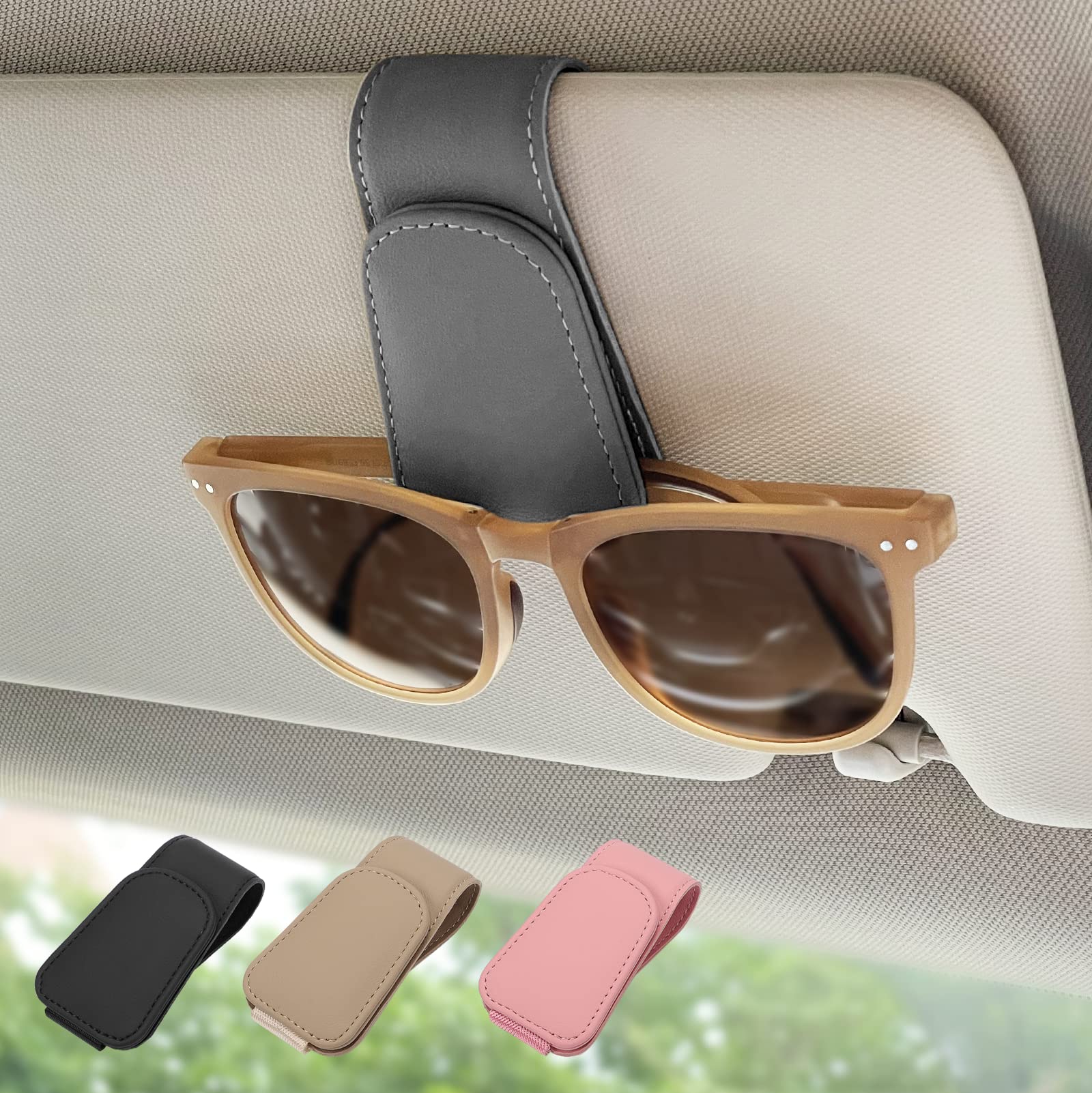 Magnetic Leather Car Sunglass Holder, Visor Sunglasses Holder - Product Imagery