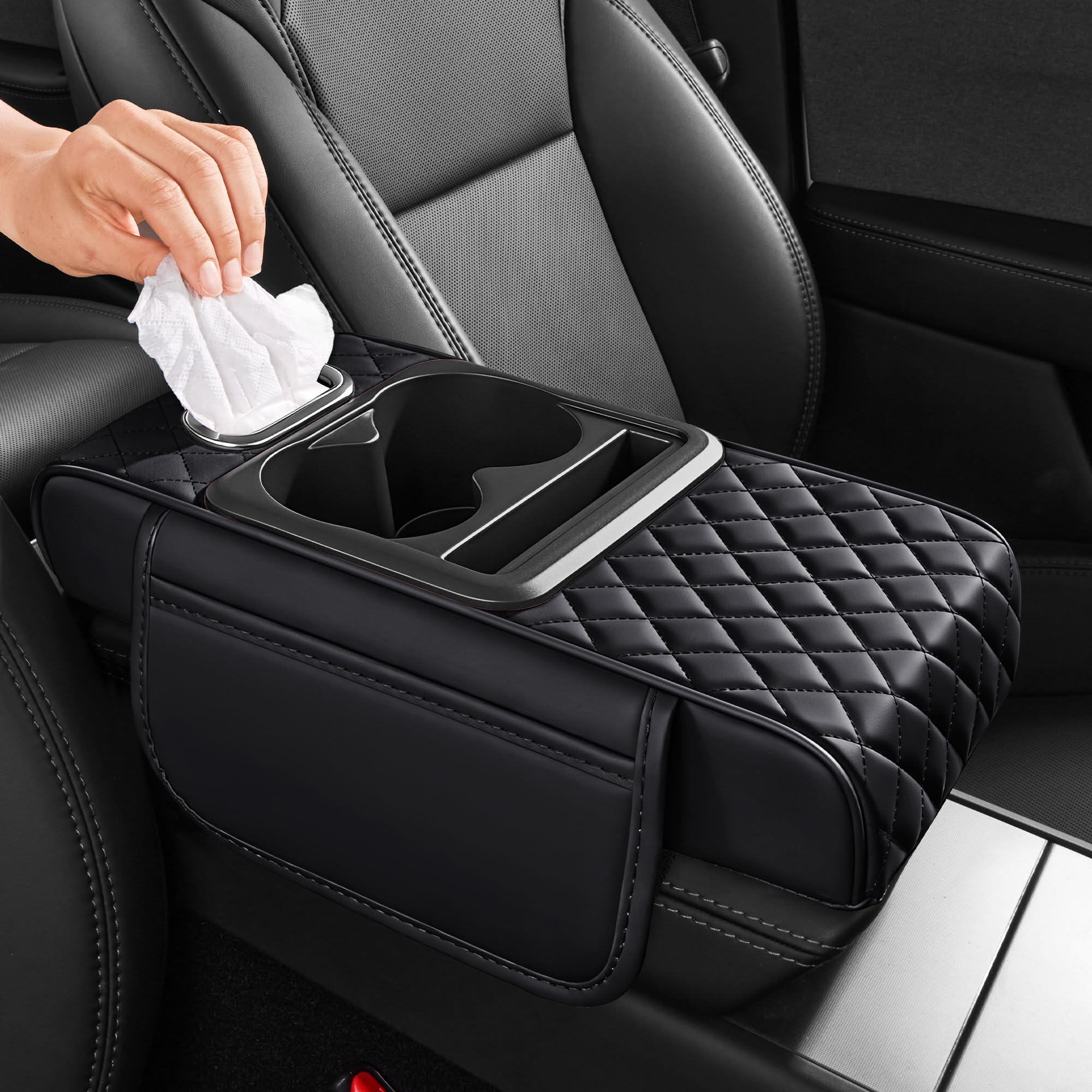 5 in 1 Nappa Leather Console Armrest Cover, Black - Product Imagery
