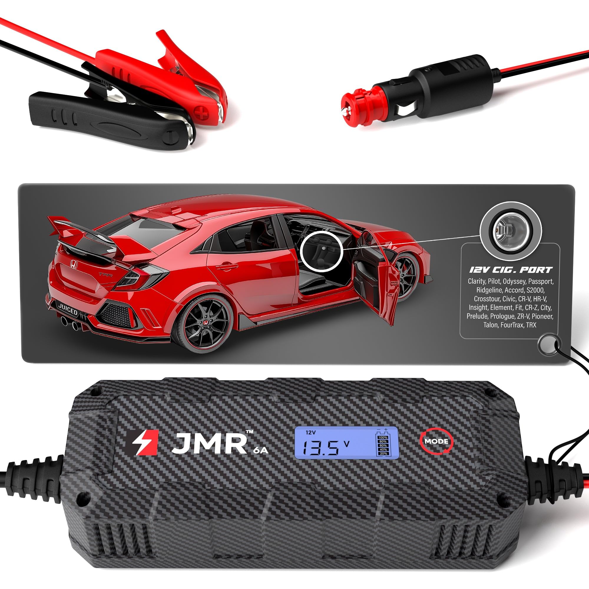 JMR 12V Battery Charger for Honda, 12V Cig. Port, No Lithium Mode - Product Imagery