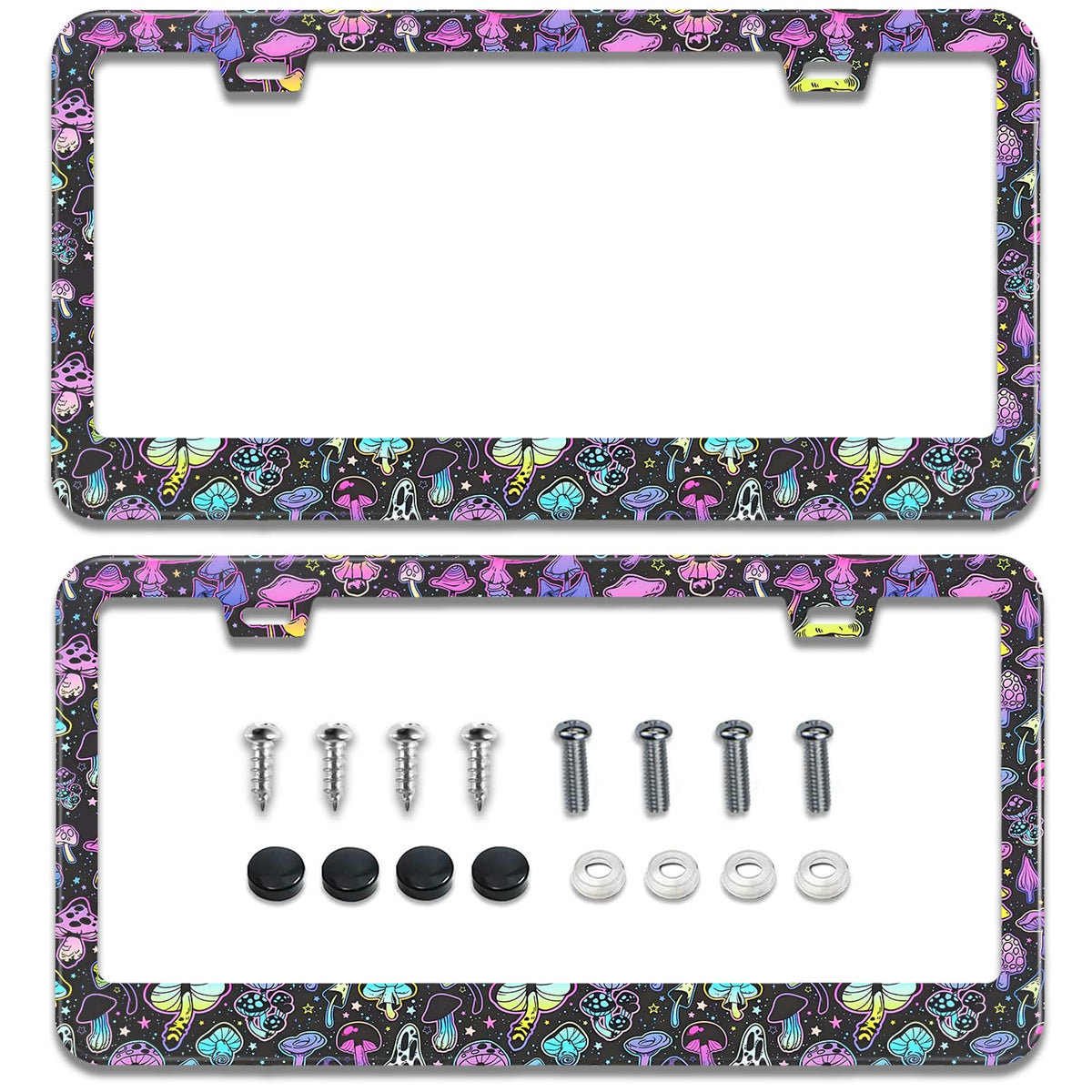 Multicolor Mushroom License Plate Frames,2 Pack Car Plate Holder - Product Imagery