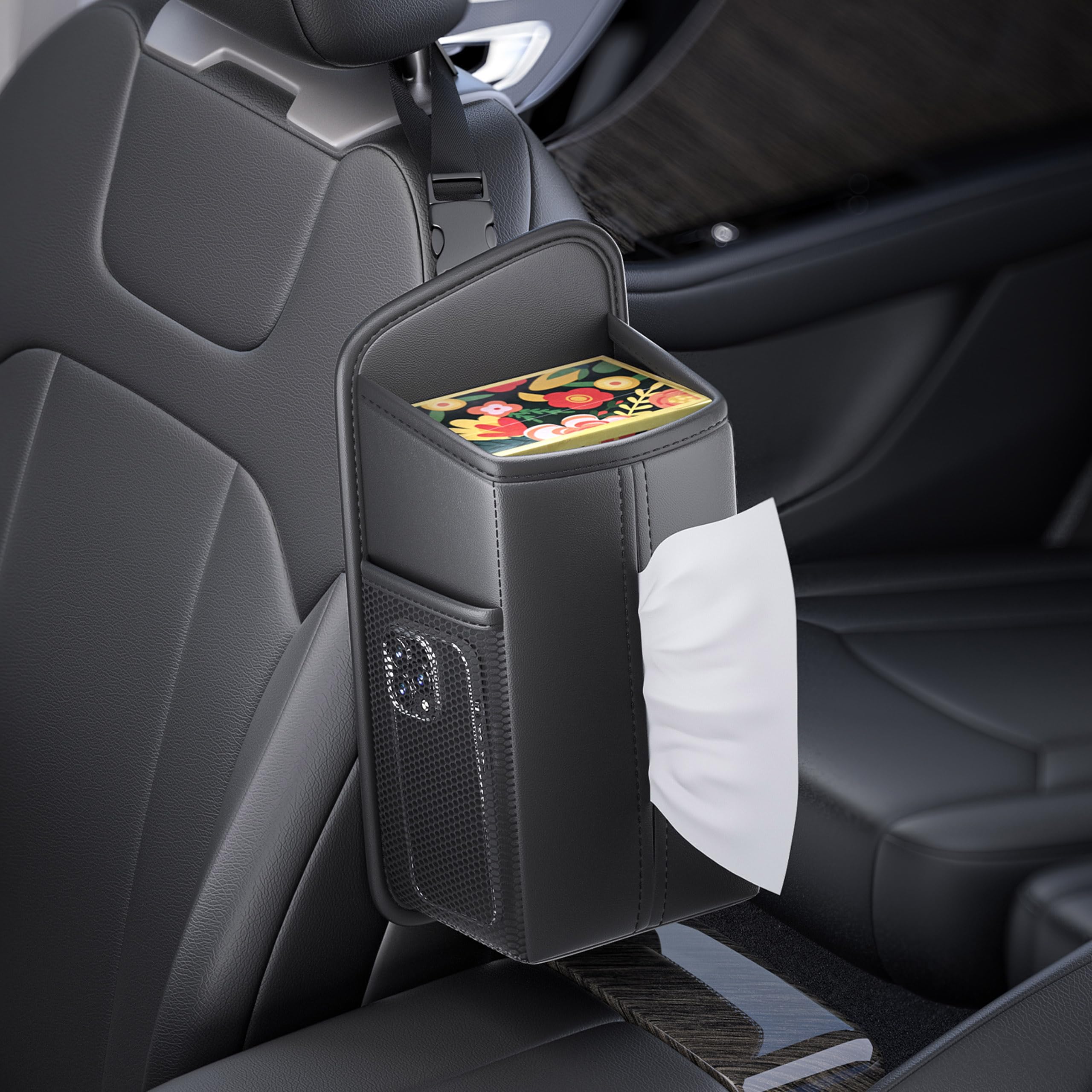 Car Tissue Holder for Front Seat with 2 Side Mesh Pockets - Product Imagery