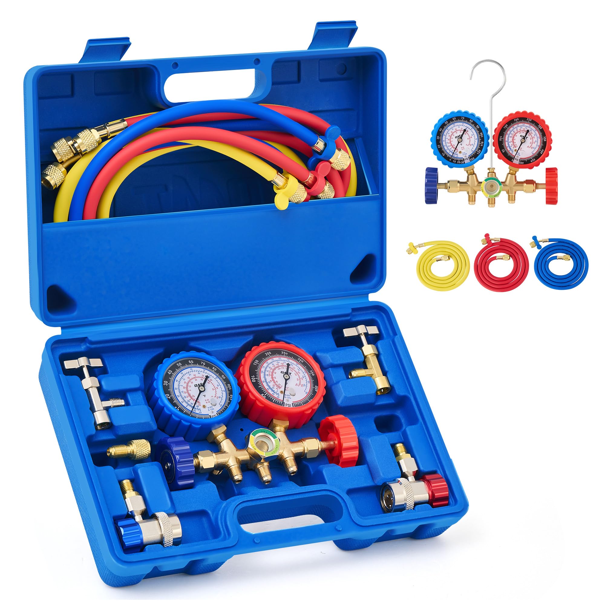 OMT AC Gauge Set for R134a, R12, R22, and R502, 5 ft Hoses - Product Imagery