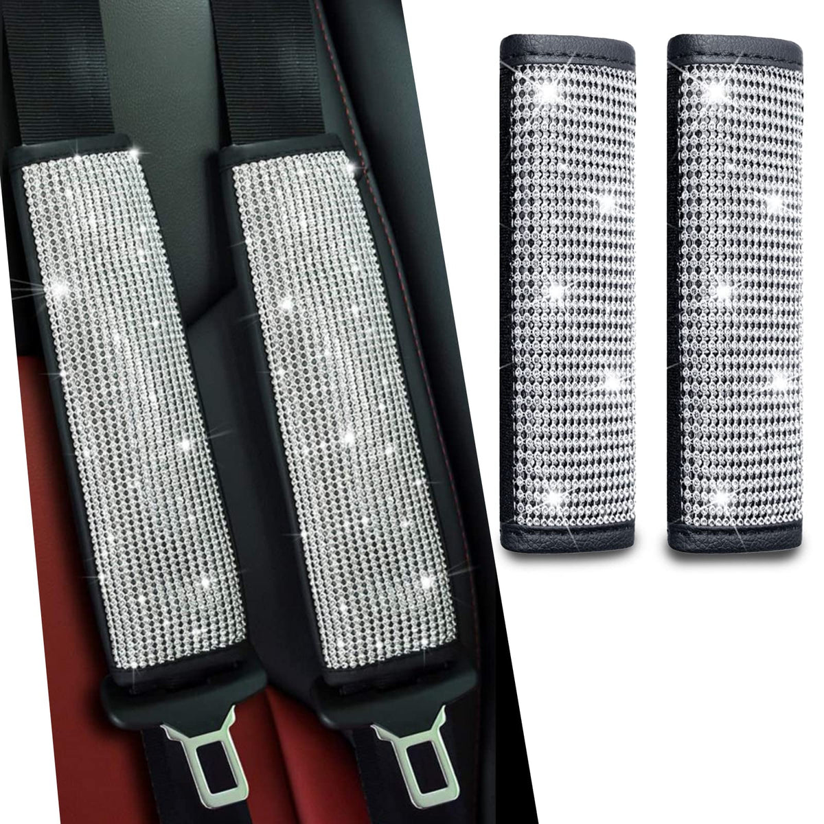 JDDRY 2PC Bling Seat Belt Covers for Womens,Silver - Product Imagery