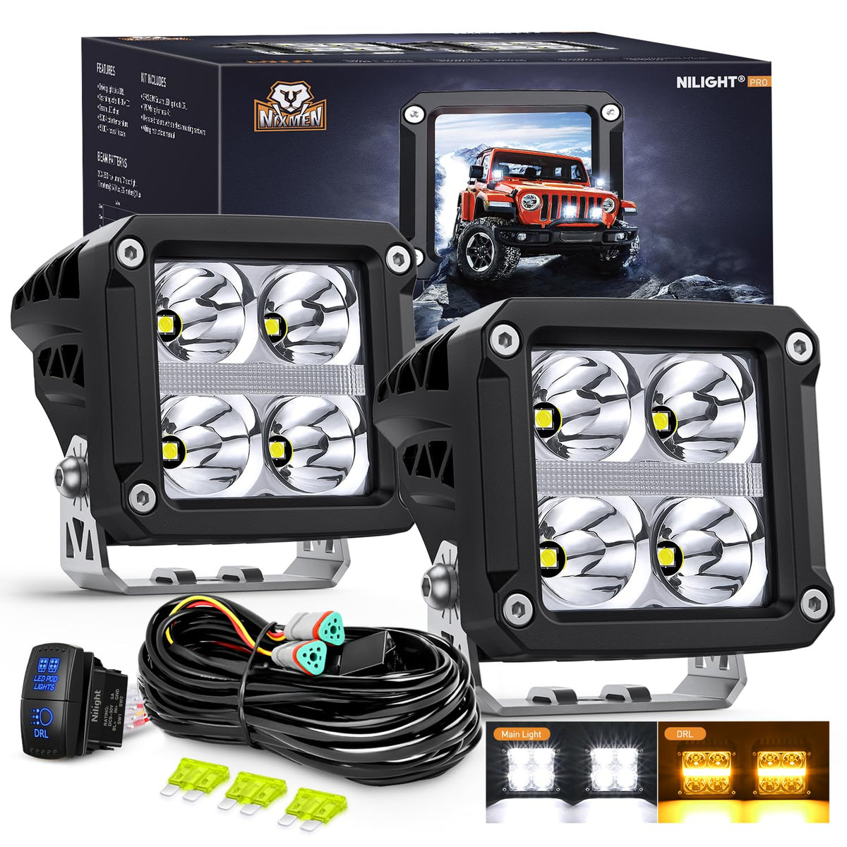 Nilight 3.2" Square LED Pod Light with Amber DRL 20W 2510LM - Product Imagery