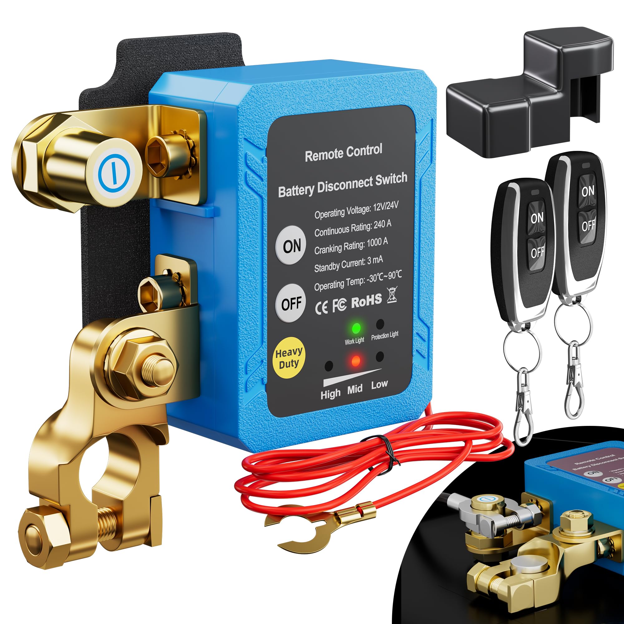 RVBOATPAT Remote Battery Disconnect Switch 12V/24V 240A Kill - Product Imagery