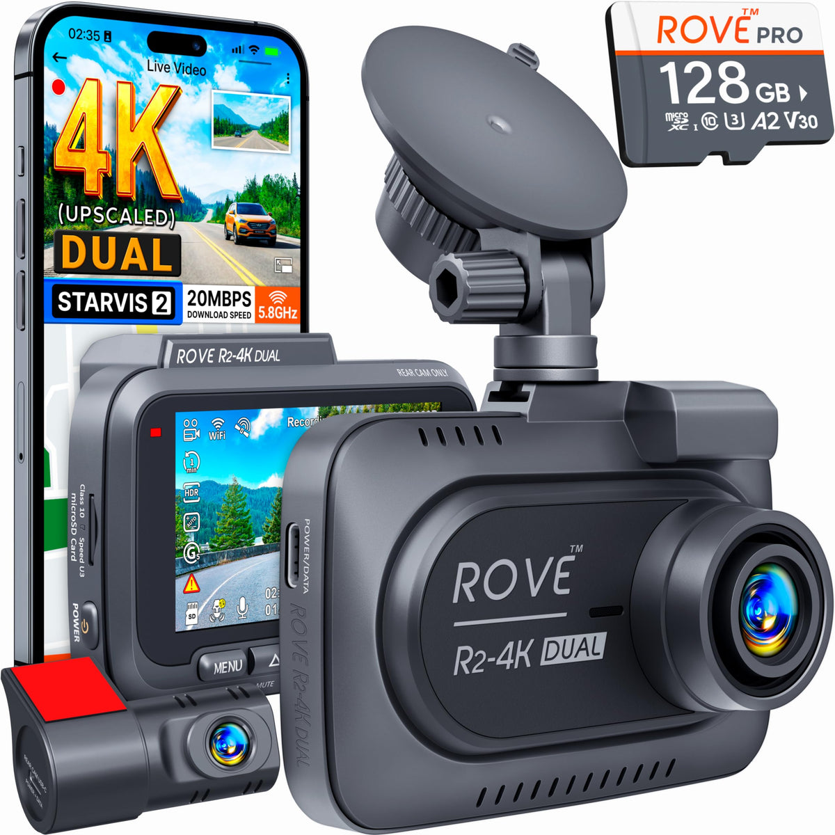 ROVE R2-4K Dual Dash Cam Front and Rear, STARVIS 2 Sensor, Free - Product Imagery