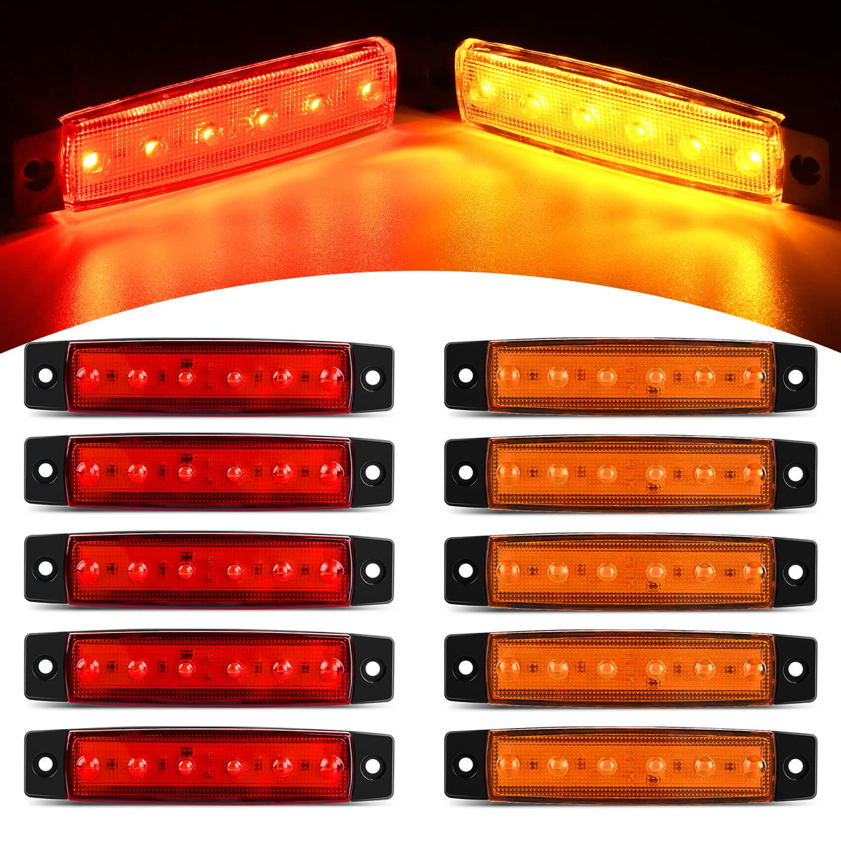 Nilight 3.8 Inch 6 LED Amber Red Trailer Side Marker Lights,10 - Product Imagery